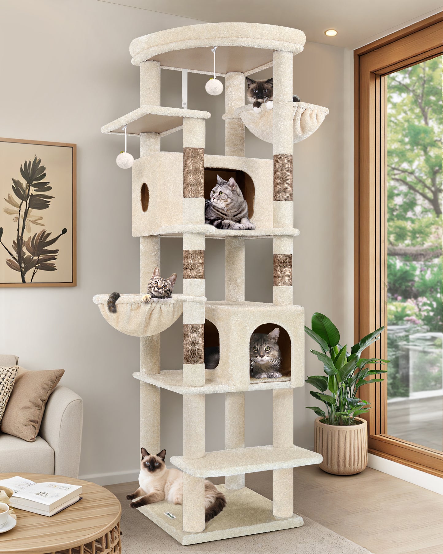 Globlazer Extra Large Cat Tree Tower for Indoor Cats, 74inch Tall Cat Tree Tower for Large Cats Adult with 5 Scratching Posts, 2 Spacious Condos, 2 Big Hanging Baskets, Enlarged Perch, S74, Beige