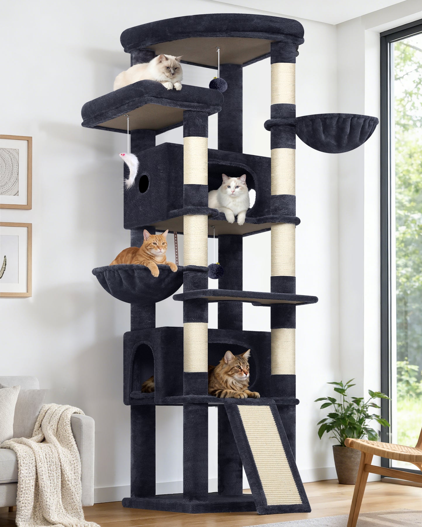 Globlazer Extra Large Heavy Duty Cat Tree, 80in Tall Sturdy Cat Tree Tower for Multiple Indoor Cats Large Adult with Scratching Posts, 2 Spacious Condos with Padding, 2 Soft Perches, S80C, Dark Grey