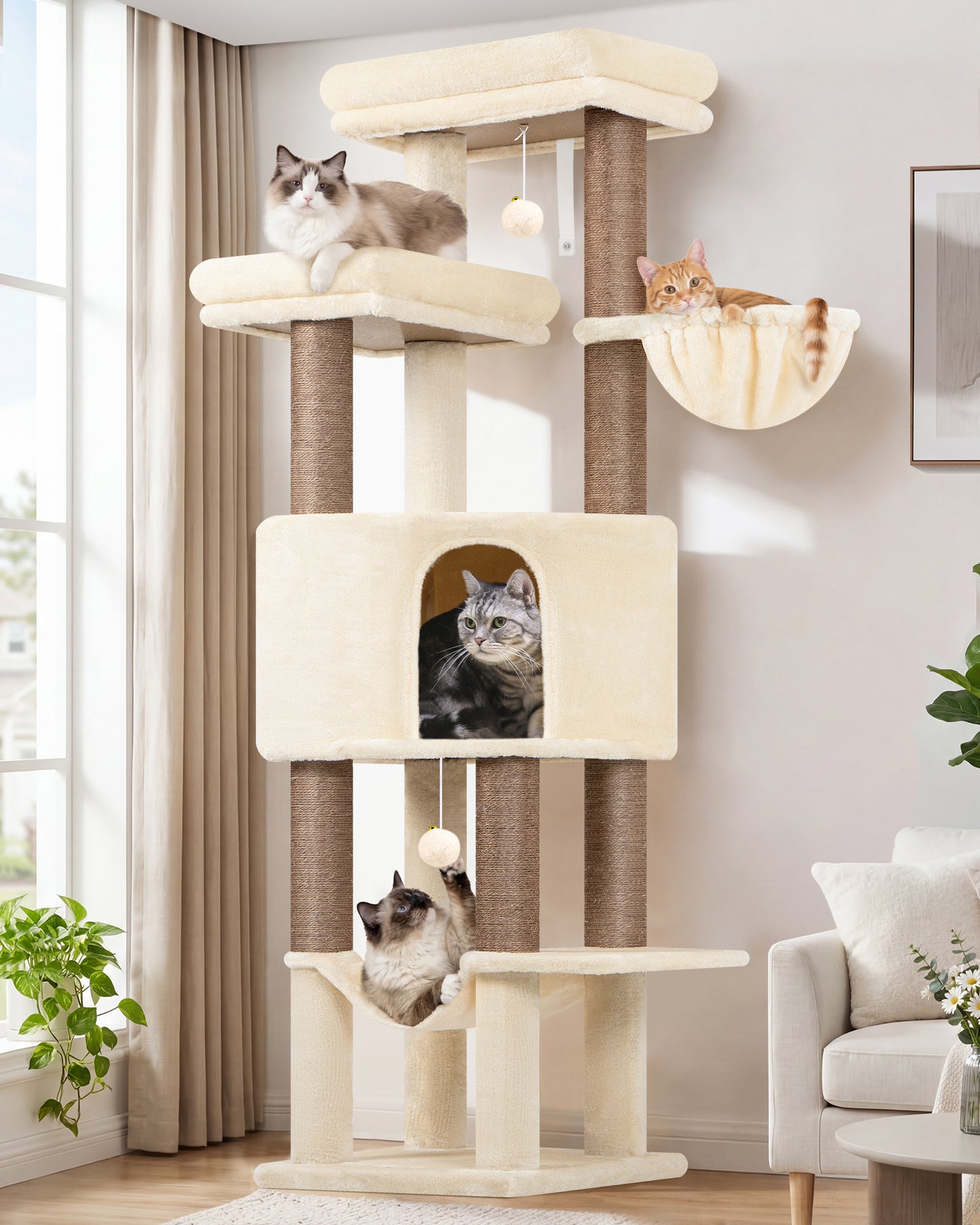 Globlazer Tall Cat Tree Tower for Large Adult Cats, Multi-Level Large 65 Inch Cat Scratching Tower with Hammock, 6 Scratching Posts, Basket and 2 Perches for Indoor Multiple Cats, F65D, Beige