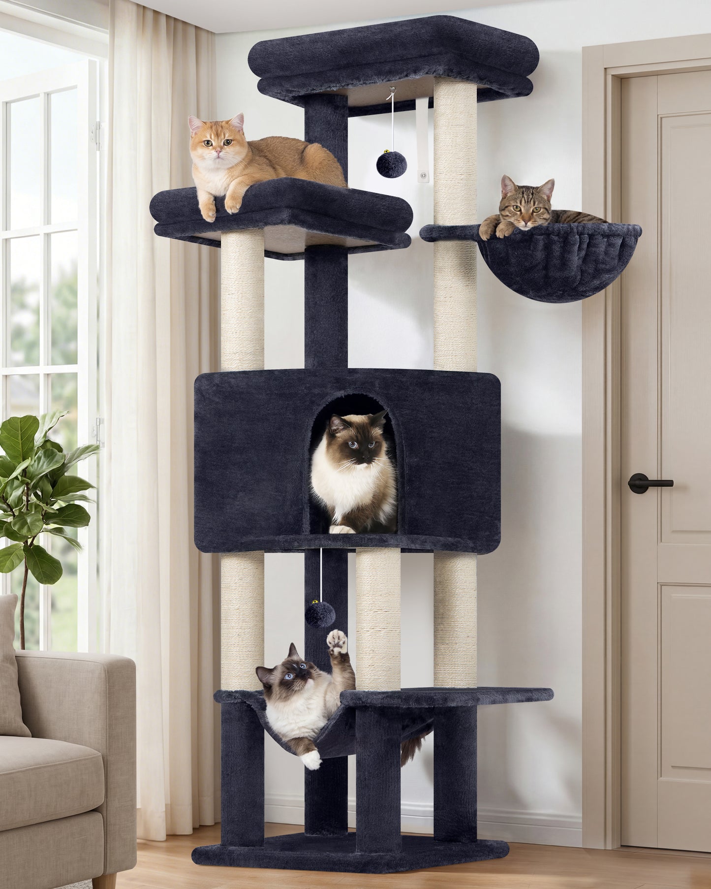 Globlazer Tall Cat Tree Tower for Large Adult Cats, Multi-Level Large 65 Inch Cat Scratching Tower with Hammock, 6 Scratching Posts, Basket and 2 Perches for Indoor Multiple Cats, F65D, Dark Grey