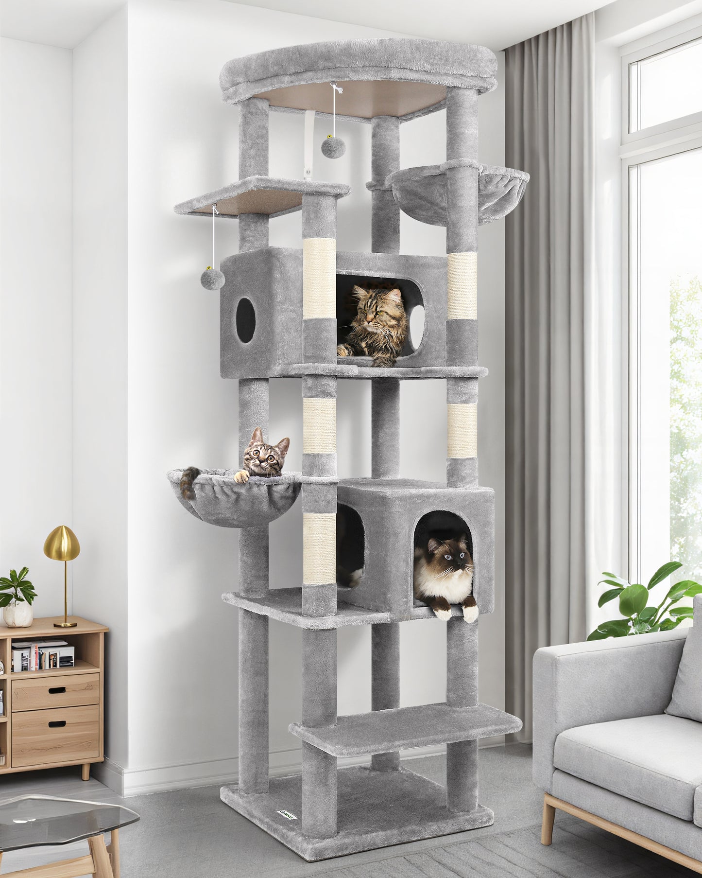 Globlazer Extra Large Cat Tree Tower for Indoor Cats, 74inch Tall Cat Tree Tower for Large Cats Adult with 5 Scratching Posts, 2 Spacious Condos, 2 Big Hanging Baskets, Enlarged Perch, S74, Light Grey