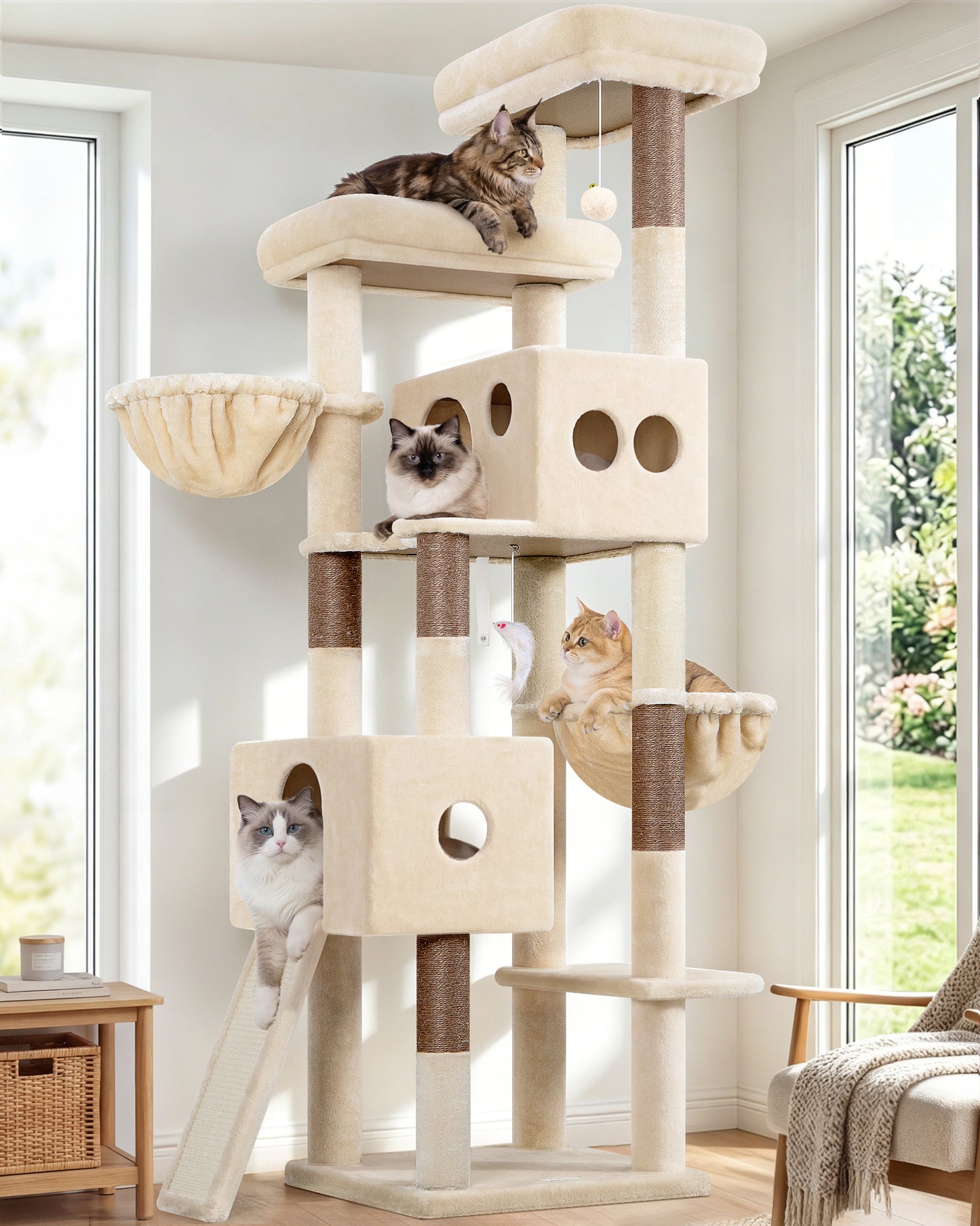 Globlazer Tall Cat Tower 77 inch Extra Large Cat Tree House for Indoor Cats Large Adults Kittens Cat Climbing Tower with 5 Scratching Posts, 2 Cat Condos, 2 Platforms, S77D, Beige