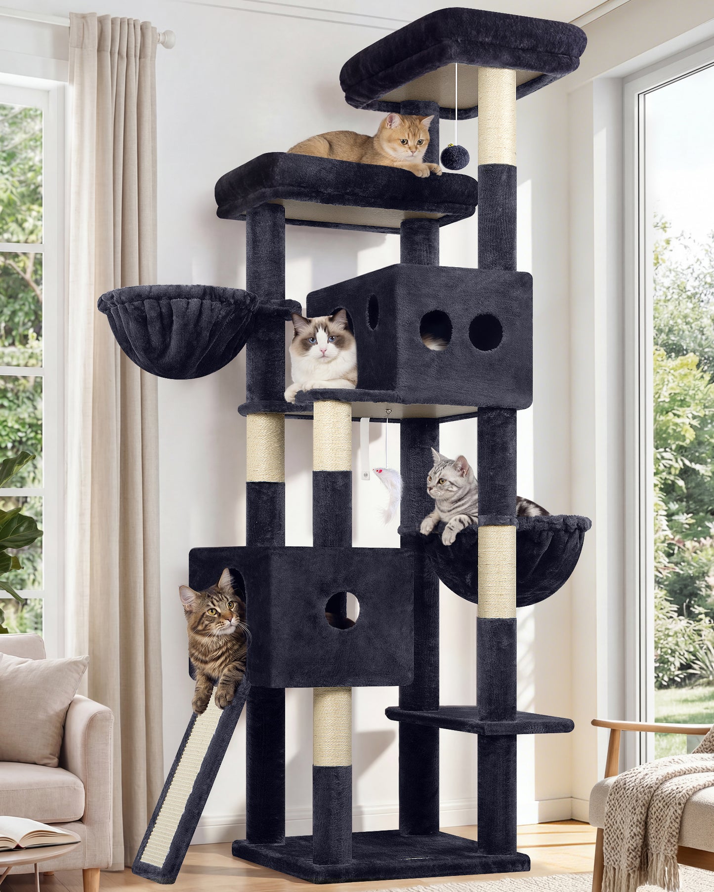 Globlazer Tall Cat Tower 77 inch Extra Large Cat Tree House for Indoor Cats Large Adults Kittens Cat Climbing Tower with 5 Scratching Posts, 2 Cat Condos, 2 Platforms, S77D, Dark Grey