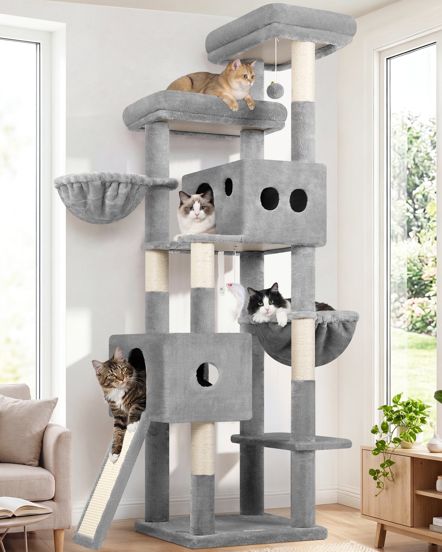 Globlazer Tall Cat Tower 77 inch Extra Large Cat Tree House for Indoor Cats Large Adults Kittens Cat Climbing Tower with 5 Scratching Posts, 2 Cat Condos, 2 Platforms, S77D, Light Grey