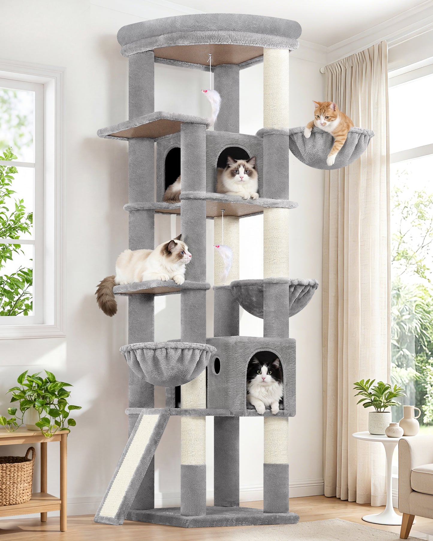 Globlazer Extra Large Cat Tree, 78 inch Sturdy Tall Cat Tree Tower for Indoor Multiple Large Adult Cats Kittens with 6 Scratching Posts, Enlarged Top Perch, 2 Padded Condos, S78G, Light Grey