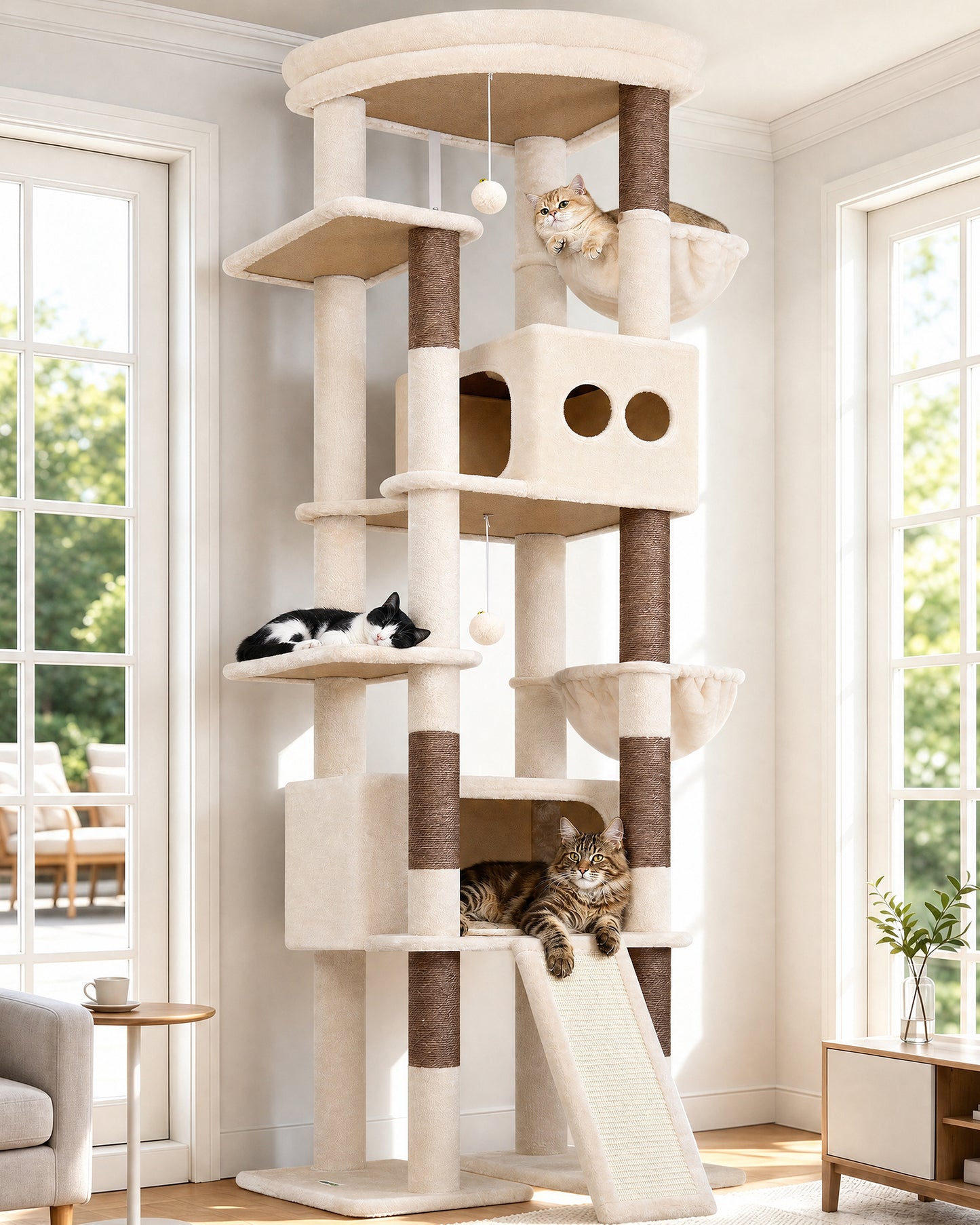 Globlazer Extra Tall Large Cat Tree, 84in Multi-Level Cat Climbing Tower for Indoor Cats Large Adult, Widened Condo with Scratch Board, 7 Scratching Posts, Padded Perch, Metal Basket, S84E, Beige