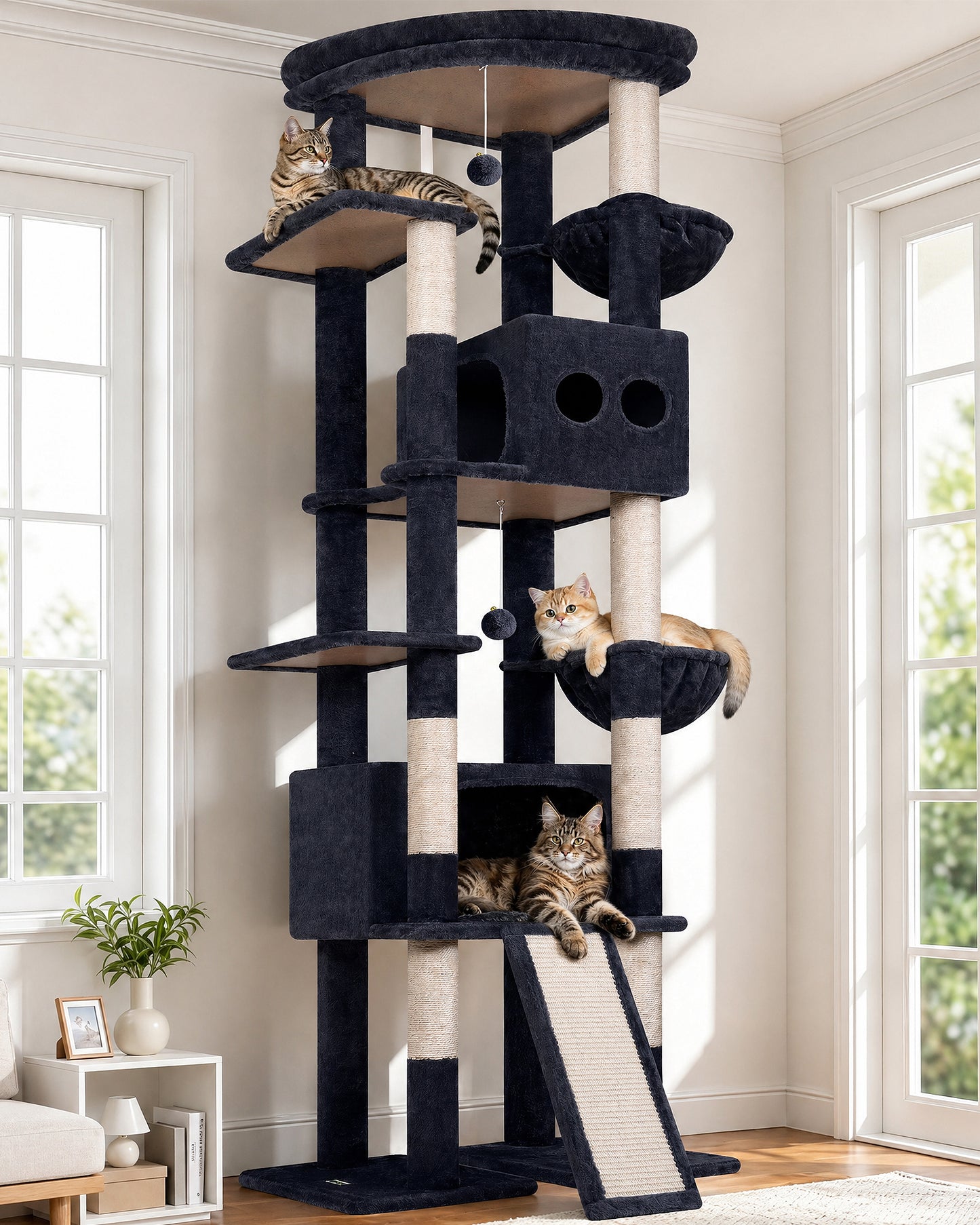 Globlazer Extra Tall Large Cat Tree, 84in Multi-Level Cat Climbing Tower for Indoor Cats Large Adult, Widened Condo with Scratch Board, 7 Scratching Posts, Padded Perch, Metal Basket, S84E, Dark Grey