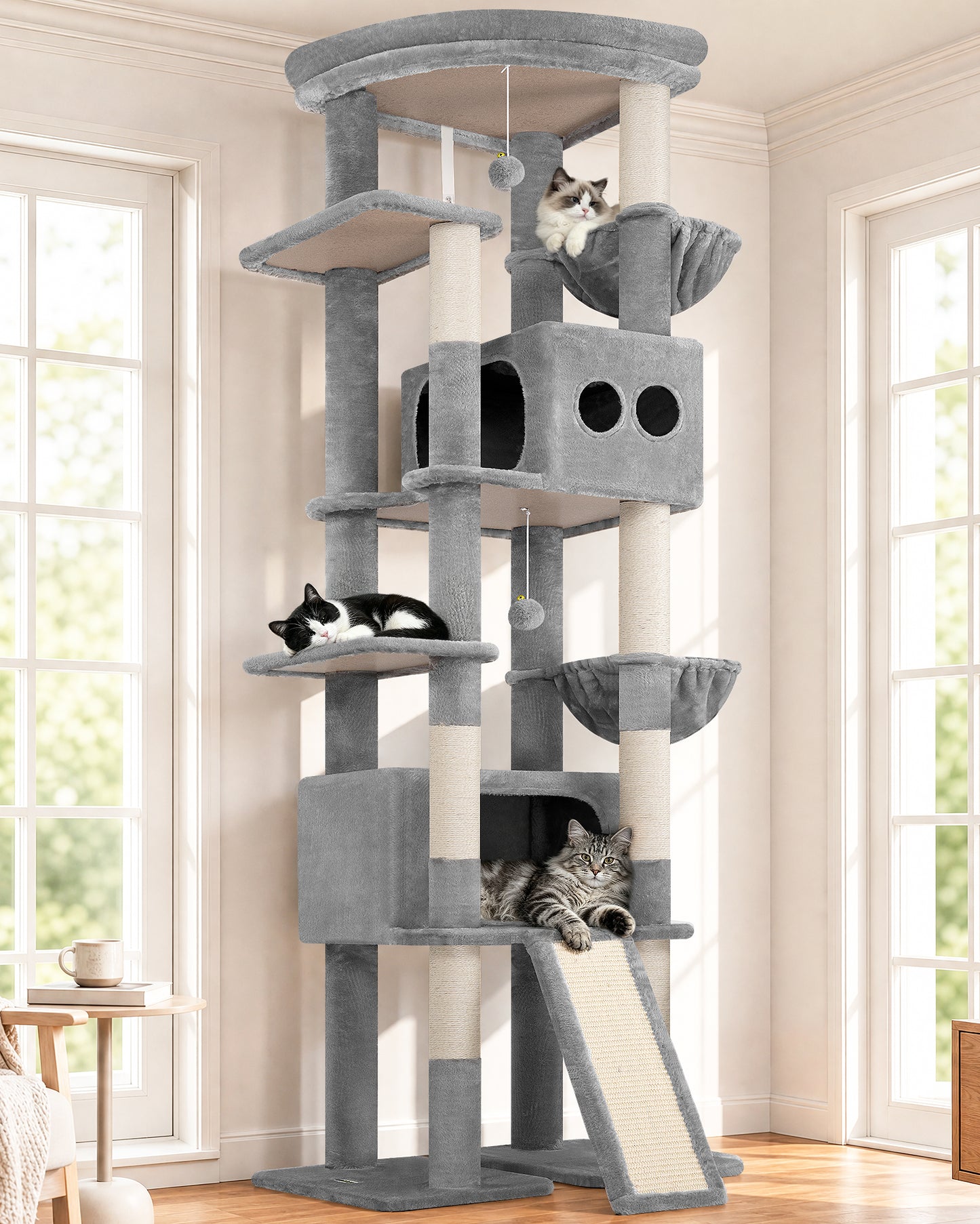 Globlazer Extra Tall Large Cat Tree, 84in Multi-Level Cat Climbing Tower for Indoor Cat Large Adult, Widened Condo with Scratch Board, 7 Scratching Posts, Padded Perch, Metal Basket, S84E, Light Grey