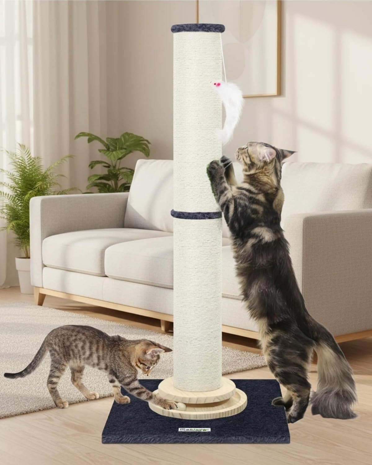 Globlazer Extra Thick Large Scratching Post for Indoor Cats Adults and Kittens, 35in Tall Natural Sisal Rope Scratcher Post, Large Cat Scratcher with Ball Interactive Toy, SC35, Dark Grey