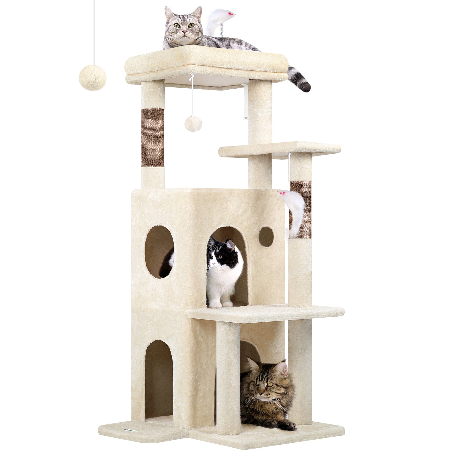 Globlazer Cat Tree Tower for Indoor Cats, 50-inch Adult Cat Tree House for Large Adult Cats with Steps, Scratching Post, 2 Cat Caves, Dangling Toys, FC50, Beige