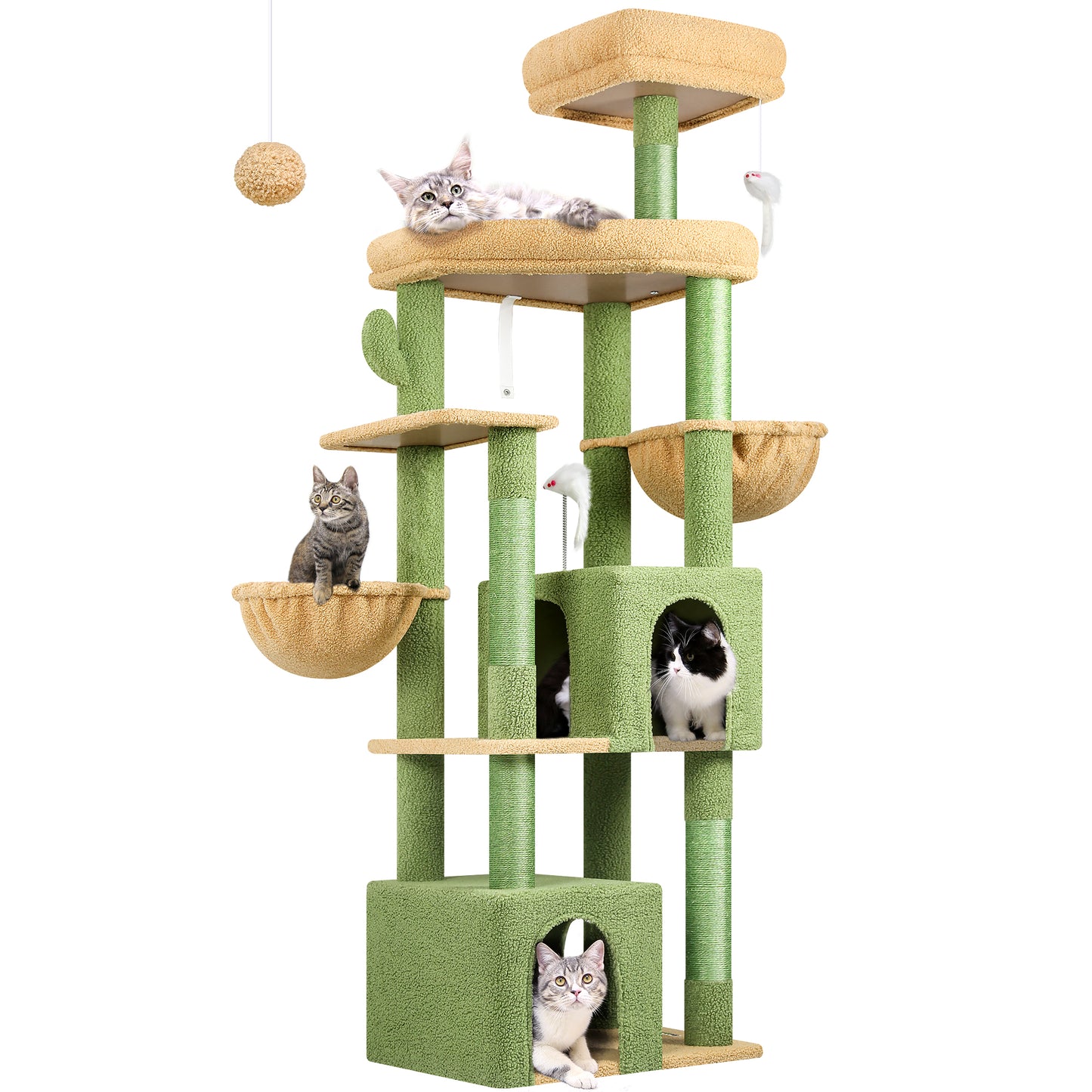 Globlazer Sturdy Cat Tree, 68-inch Large Cat Tower for Indoor Adult Cats 20 lbs Heavy Duty Cat Tree for Big Cats with Extra Large Platform, 5 Scratching Post, S68, Green