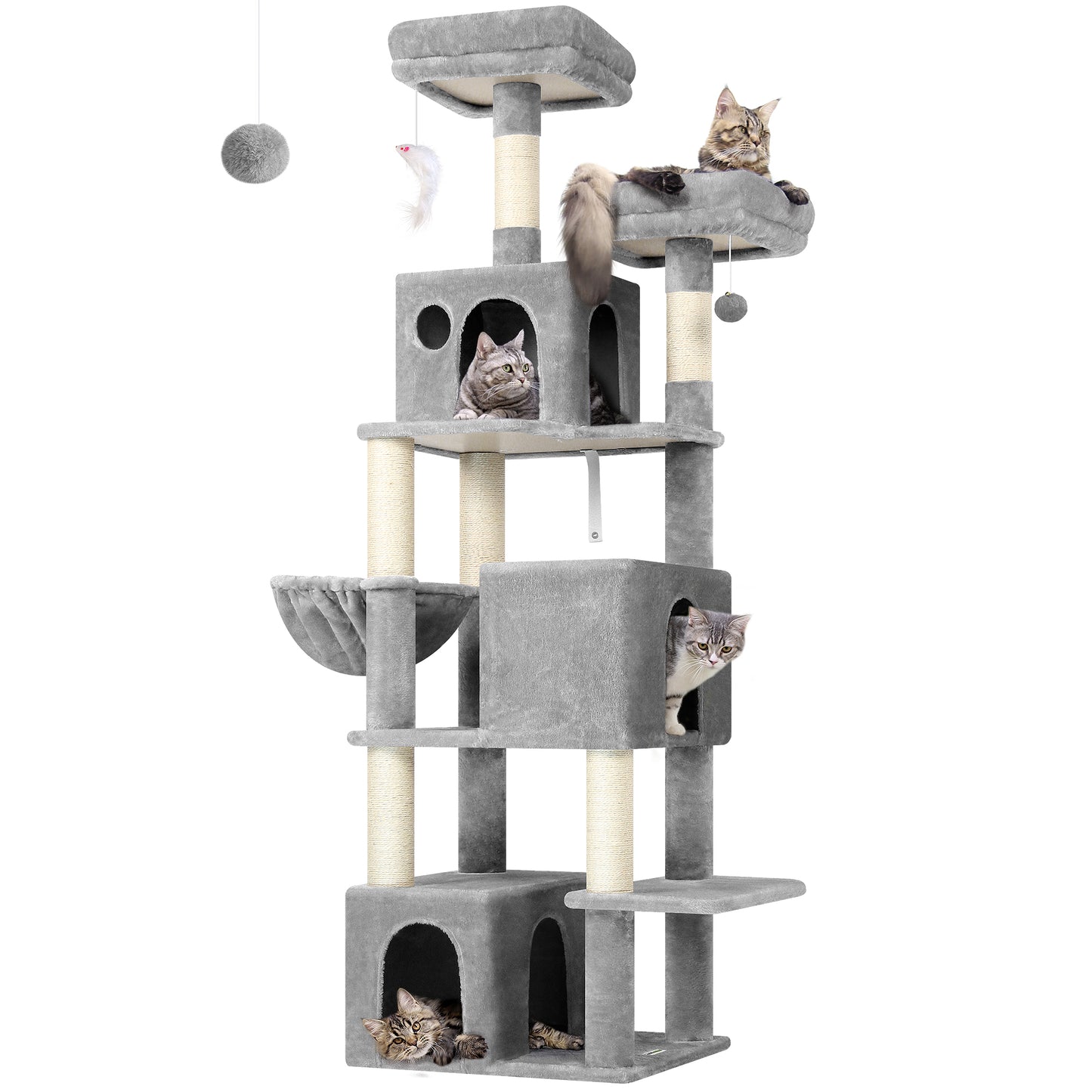 Globlazer Cat Tree Tall, 71 inches Cat Tower for Indoor Adult Cats Multi-Level 3 Condos for Indoor Cats XL Cat Tree Tower with Scratching Posts, Soft Extra Large Hanging Basket, F71, Light Gray