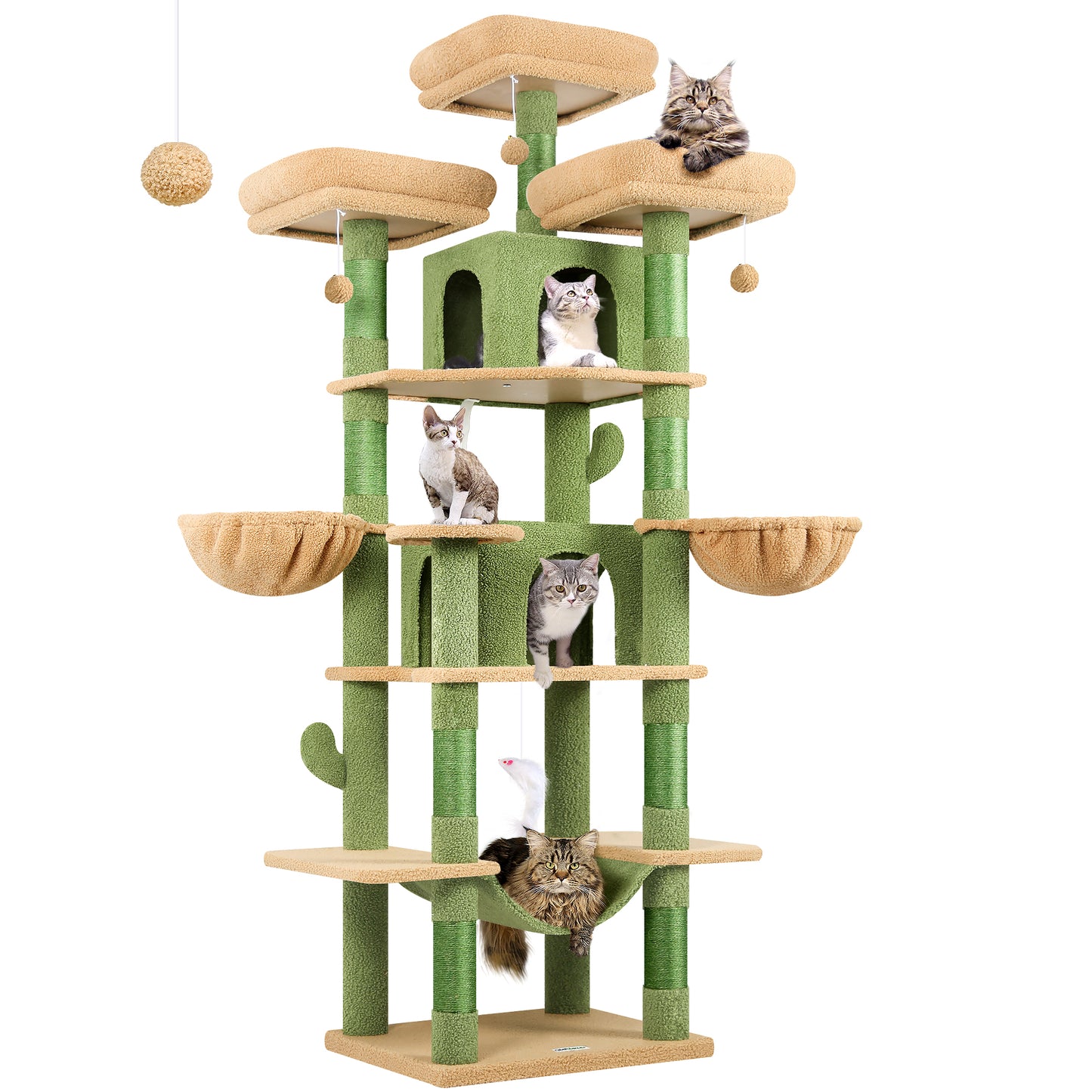 Globlazer Big Cactus Cat Tower for Indoor Cats, 80inch Cat Tower for Multiple Adult Cats XXL Cat Tree with Scratching Post, Hammock, 3 Perches, 2 Condos, 2 Hanging Basket, F80, Green