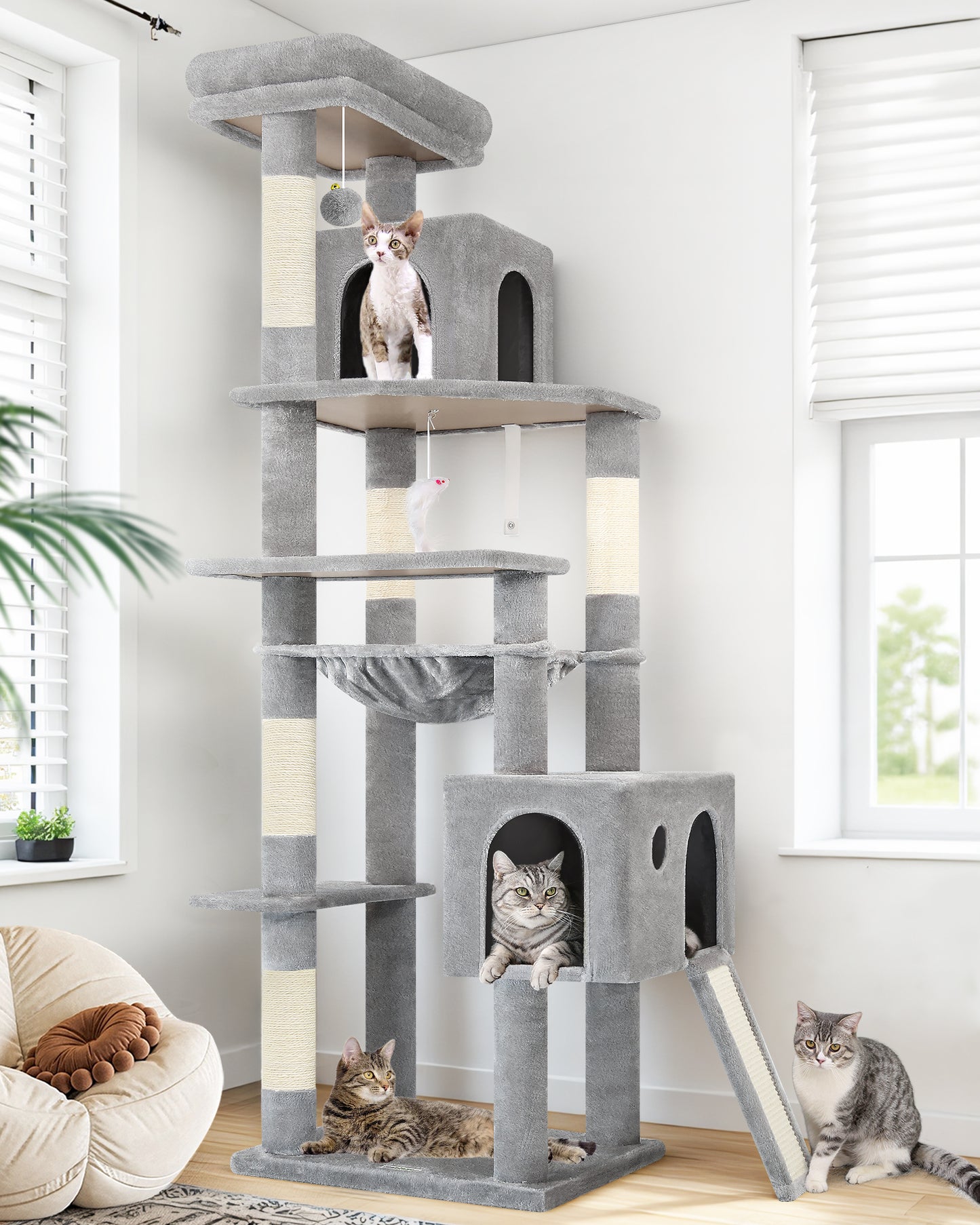 Globlazer Heavy Duty Cat Tree, 70 inch Sturdy Cat Tree for Indoor Cats Extra Large Cat Tower with Scratching Post, Hammock, Cat Condo for Adult Cats Kittens, F70 Pro, Light Grey