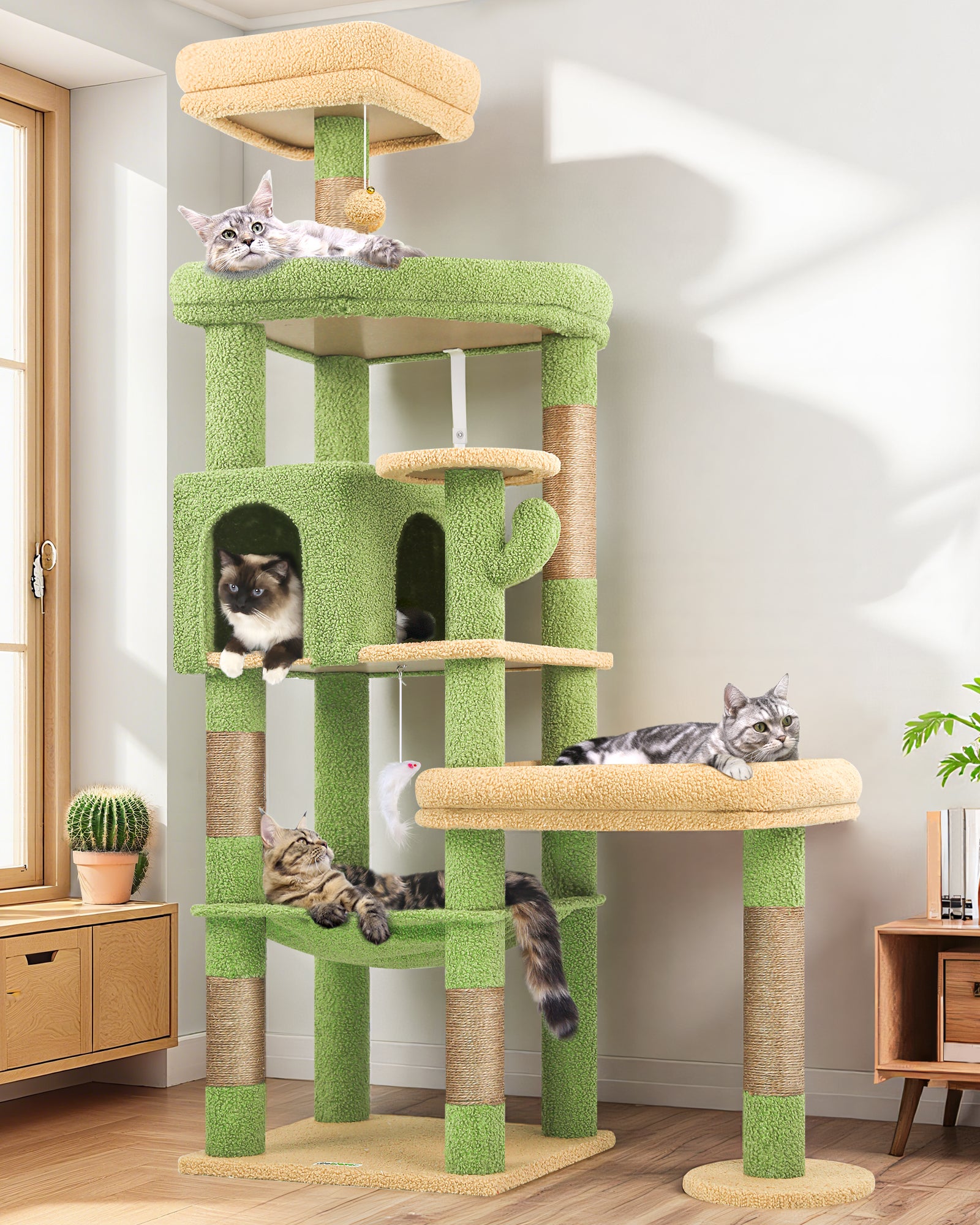 Globlazer Extra Large Platform Cactus Cat Tree, 65in Sturdy Cat Tree f ...