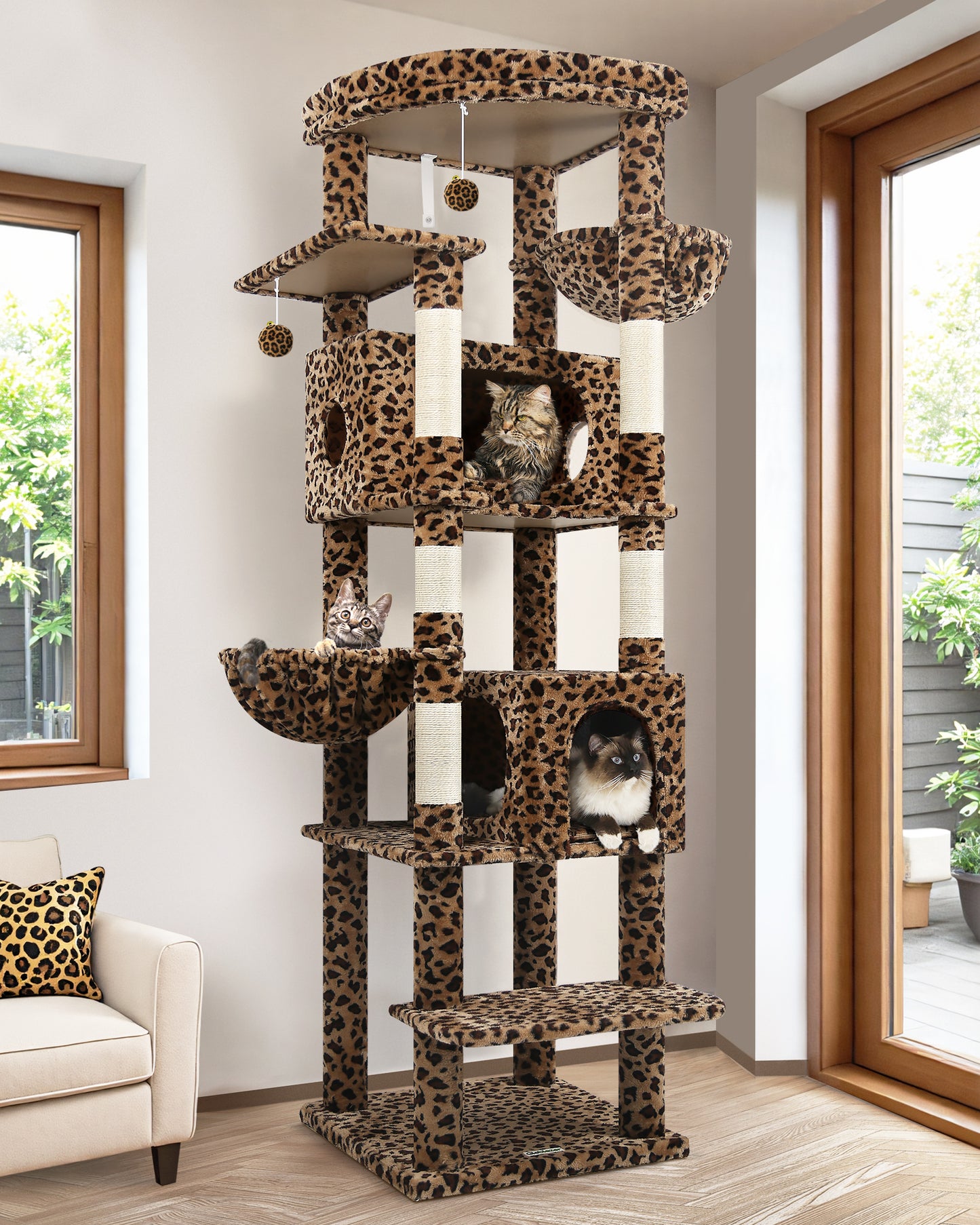 Globlazer S74 Heavy Duty Cat Tree, 74inch Sturdy Cat Tower for Large Cats Adult, Big Cat Tree with 5 Sisal Scratching Posts, 2 Padded Cat Condos, 2 Hanging Baskets, Enlarged Top Perch, Leopard Print
