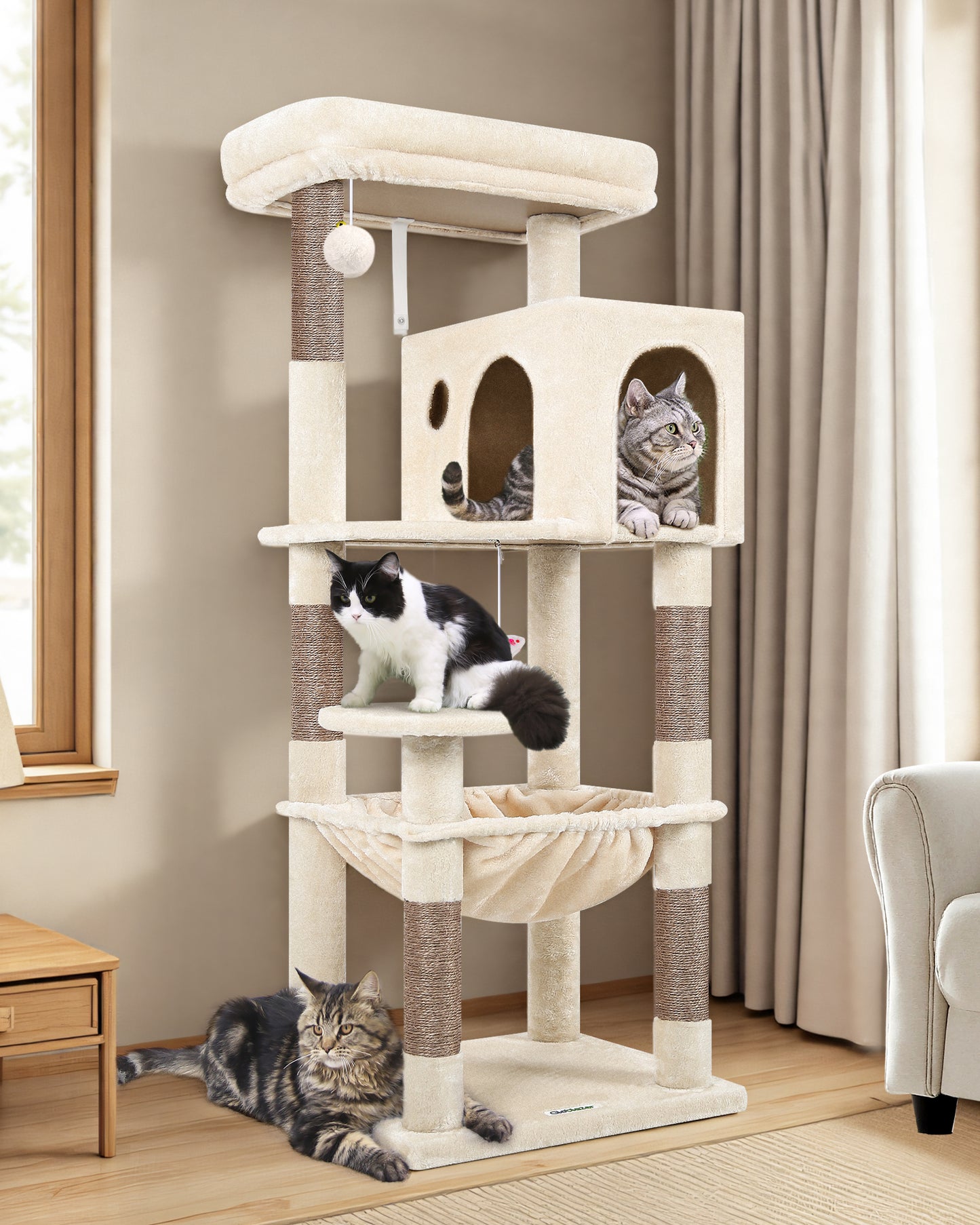Globlazer Cat Tree Tower with 5 Scratching Posts for Indoor Cats, 53inch Tall Plush Multi-Level Cat Climbing Tower Condo House with Large Hammock, Spacious Cat Cave, Padded Top Perch, F53, Beige