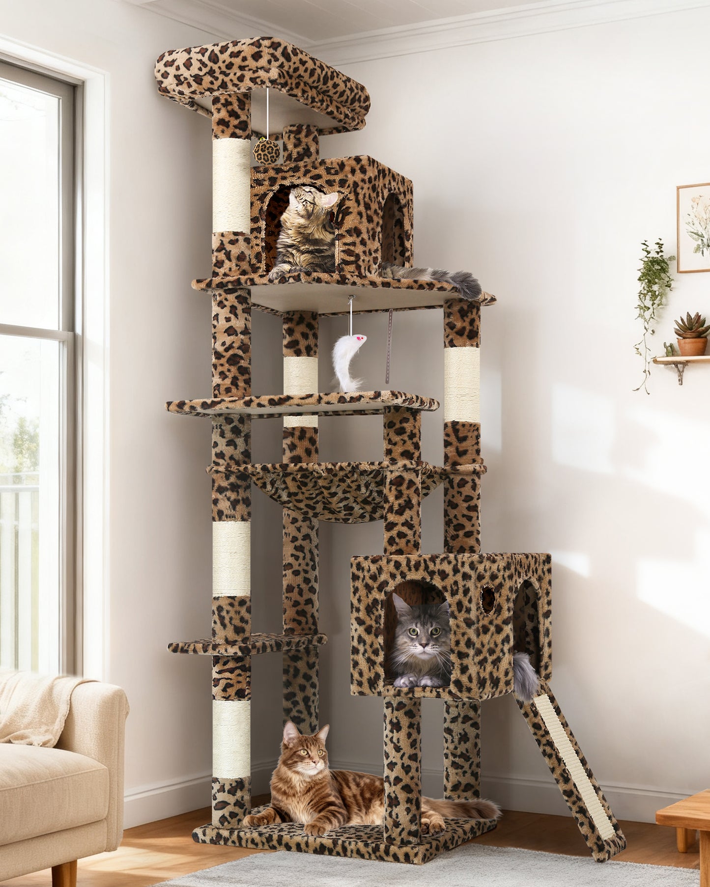 Globlazer Heavy Duty Cat Tree Tower, 70inch Sturdy Cat Tree for Indoor Cats Sturdy Large Cat Tower with Scratching Post and Board, Hammock, 2 Cat Condo for Adult Cats Kittens, F70 Pro, Leopard Print
