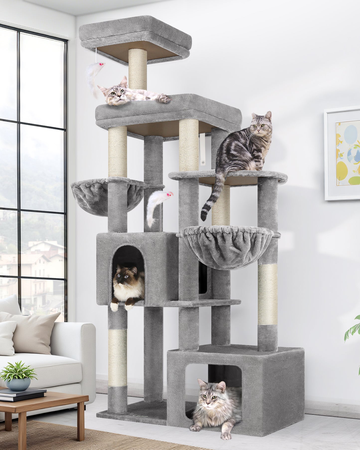 Globlazer Heavy Duty Cat Tree Tower for Indoor Cats, 68 inch Multi-Level Sturdy Cat Tree Tower for Large Cat Adult with 2 Oversized Condos, 2 Enlarged Perches, 2 Big Hanging Baskets, F68, Light Grey