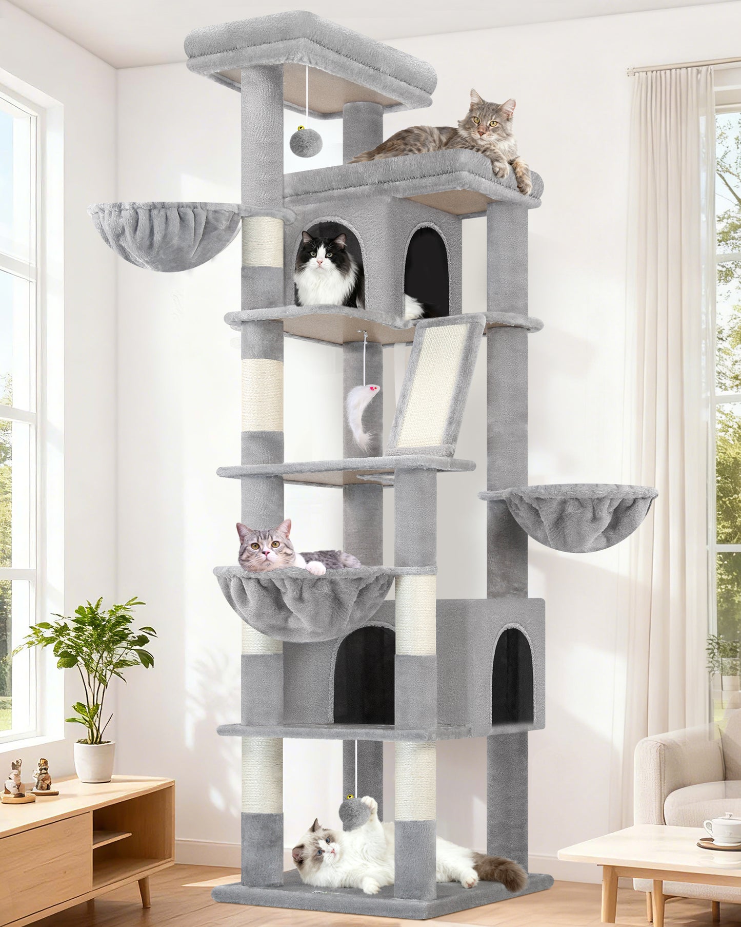Globlazer Large Cat Tree Tower, 80inch XXL Tall Cat Tree for Multiple Indoor Cats Large Adult Kittens with Scratching Posts and Board, 3 Soft Baskets, 2 Plush Perches, 2 Cozy Condos, S80G, Light Grey