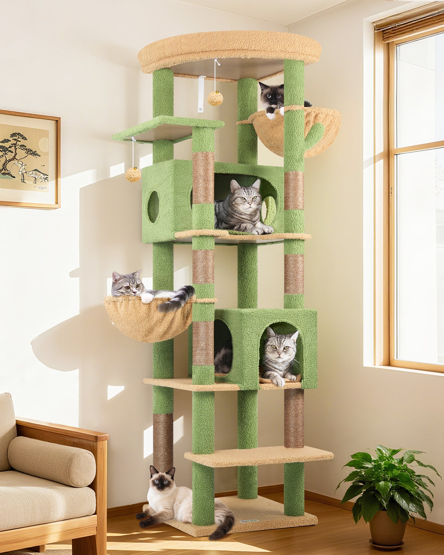 Globlazer Large Cactus Cat Tree Tower for Indoor Cats, 74in Tall Cat Tree for Large Cats Adult with 5 Scratching Posts, 2 Spacious Condo Houses, 2 Big Hanging Baskets, Enlarged Perch, S74, Dark Grey