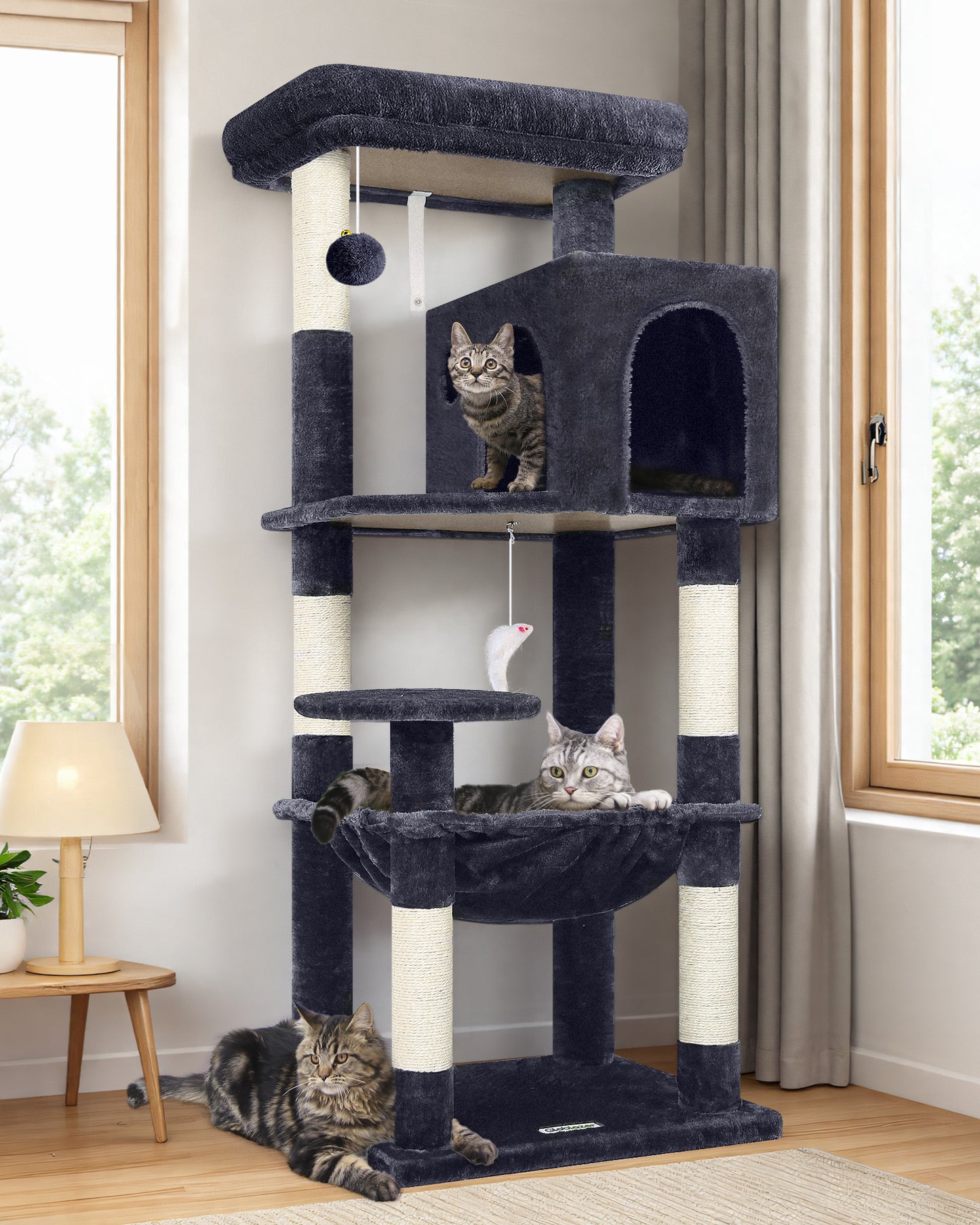 Globlazer Cat Tree Tower with 5 Scratching Posts for Indoor Cats, 53inch Tall Plush Multi-Level Cat Climbing Tower Condo House with Large Hammock, Spacious Cat Cave, Padded Top Perch, F53, Dark Gray