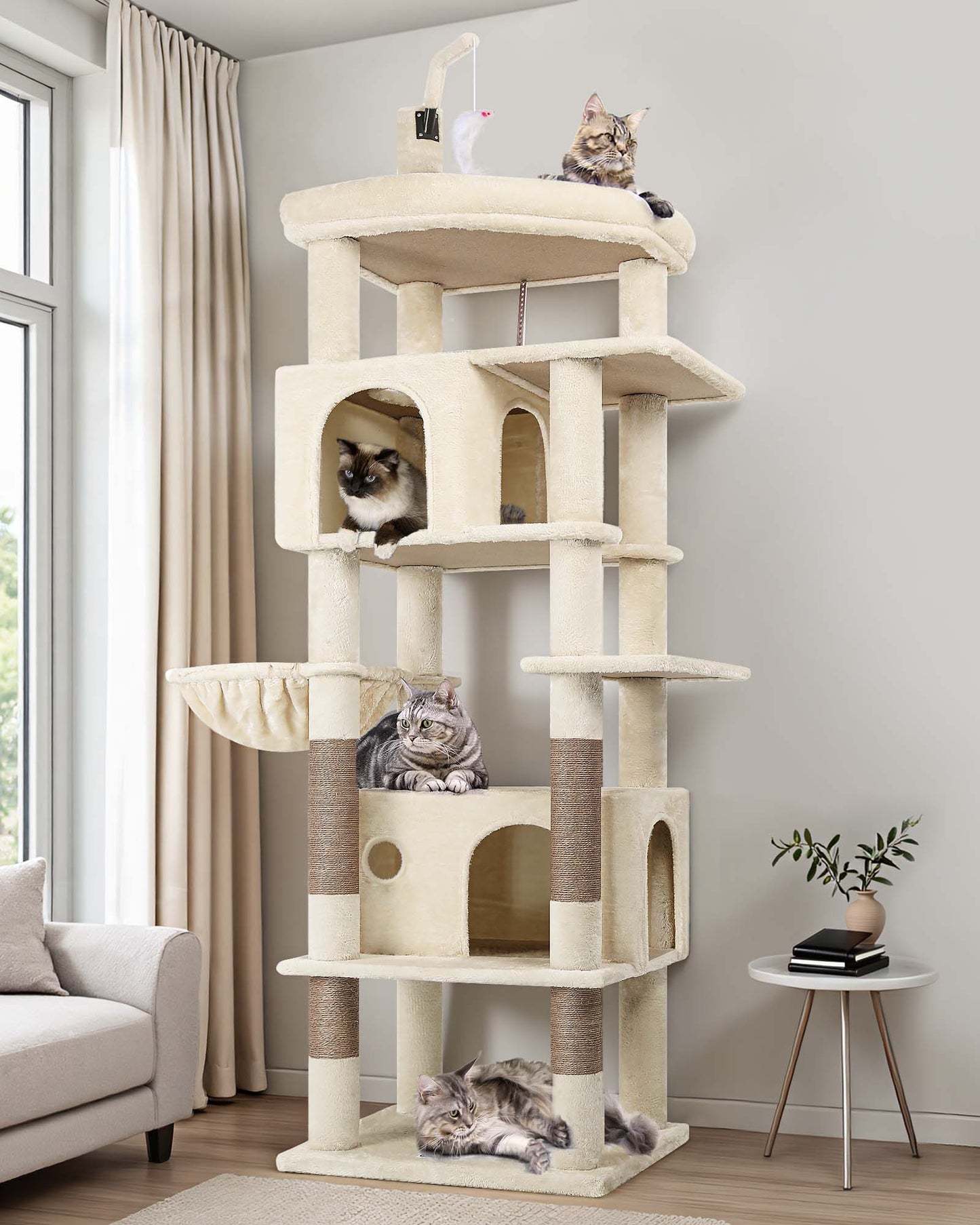Globlazer Large Cat Tree Tower, Tall Cat Tree Condos for Indoor Cats Large Adult Cat Climbing Tower with 2 Spacious Caves, Oversized Top Perch, Big Hanging Basket, Cat Teaser Wand, F74B, Beige