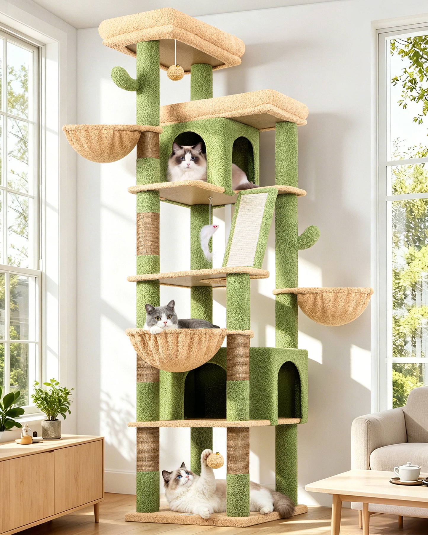 Globlazer Large Cactus Cat Tree Tower, 80in XXL Tall Cat Tree for Multiple Indoor Cats Large Adult Kittens with Scratching Posts and Board, 3 Soft Baskets, 2 Plush Perches, 2 Cozy Condos, S80G, Green