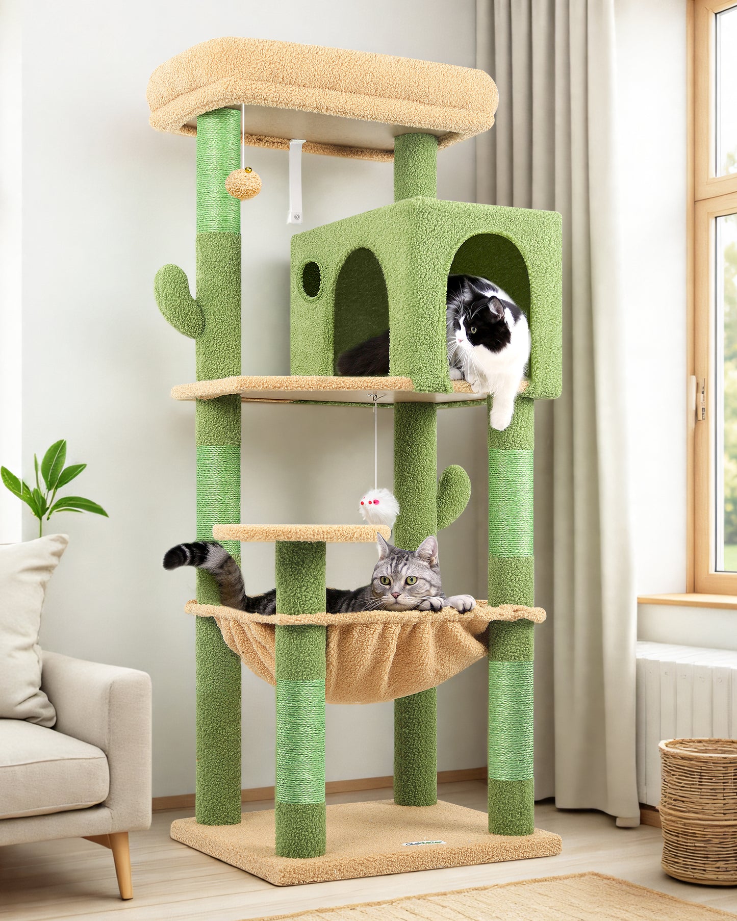 Globlazer Cactus Cat Tree Tower with 5 Scratching Post for Indoor Cats, 53inch Tall Plush Multi-Level Cat Climbing Tower Condo House with Large Hammock, Spacious Cat Cave, Padded Top Perch, F53, Green