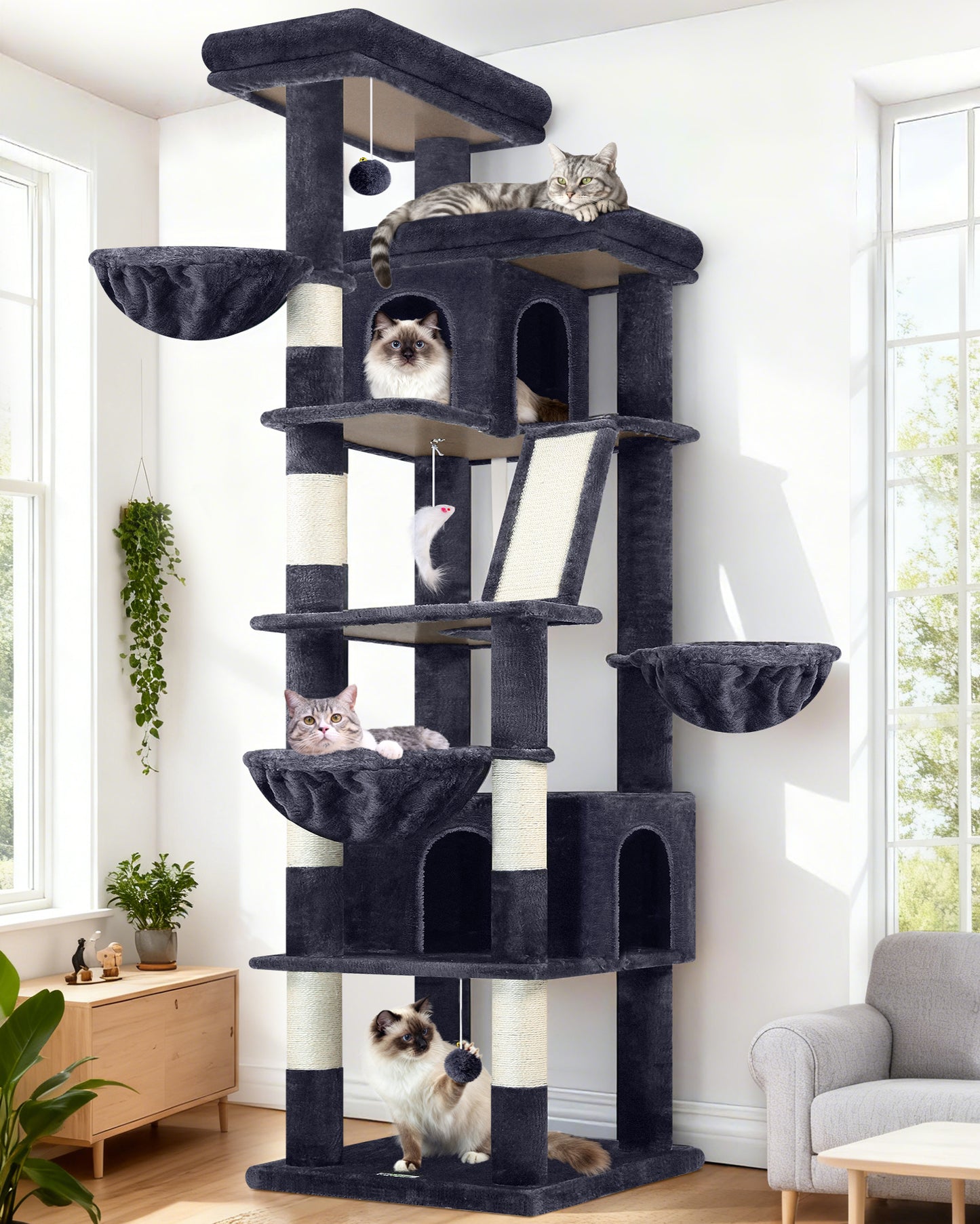 Globlazer Large Cat Tree Tower, 80inch XXL Tall Cat Tree for Multiple Indoor Cats Large Adult Kittens with Scratching Posts and Board, 3 Soft Baskets, 2 Plush Perches, 2 Cozy Condos, S80G, Dark Grey