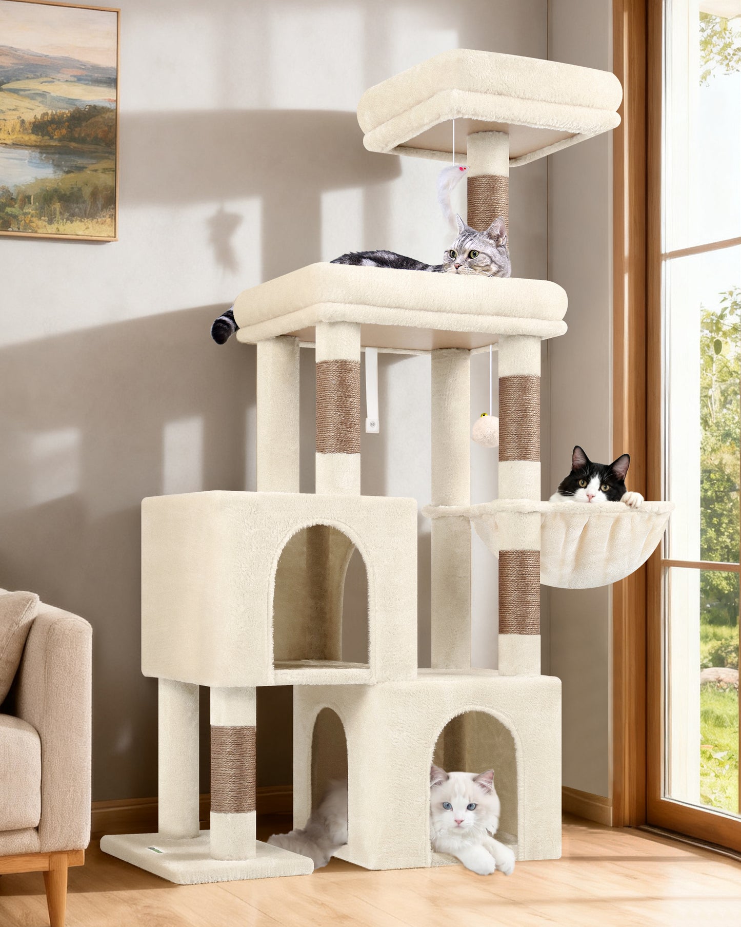 Globlazer Cat Tower for Indoor Cats, 52in Multi-Level Cat Tower with 5 Sisal Scratching Posts, Cat Tree Condo with 2 Padded Perches, 2 Cozy Condos, Big Hanging Basket, Hanging Toys, S52, Beige