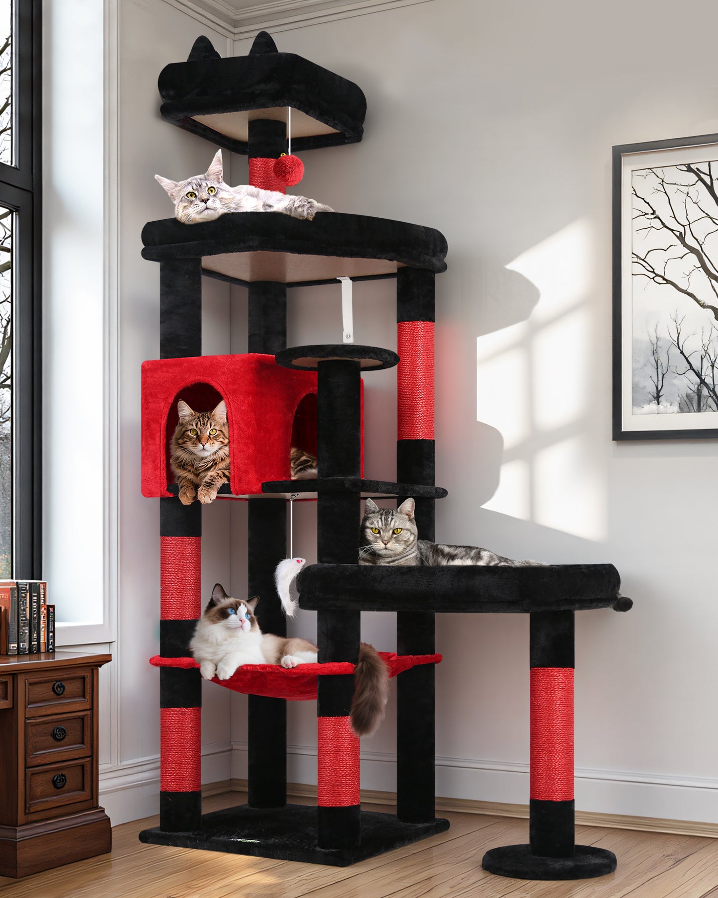 Globlazer Extra Large Platform Gothic Cat Tree, 65in Tall Sturdy Goth Cat Tower for Multiple Indoor Cats, Big Cat Tree for Large Cat with 3 Enlarged Perches, 6 Scratching Posts, Condo, S65, Red Black