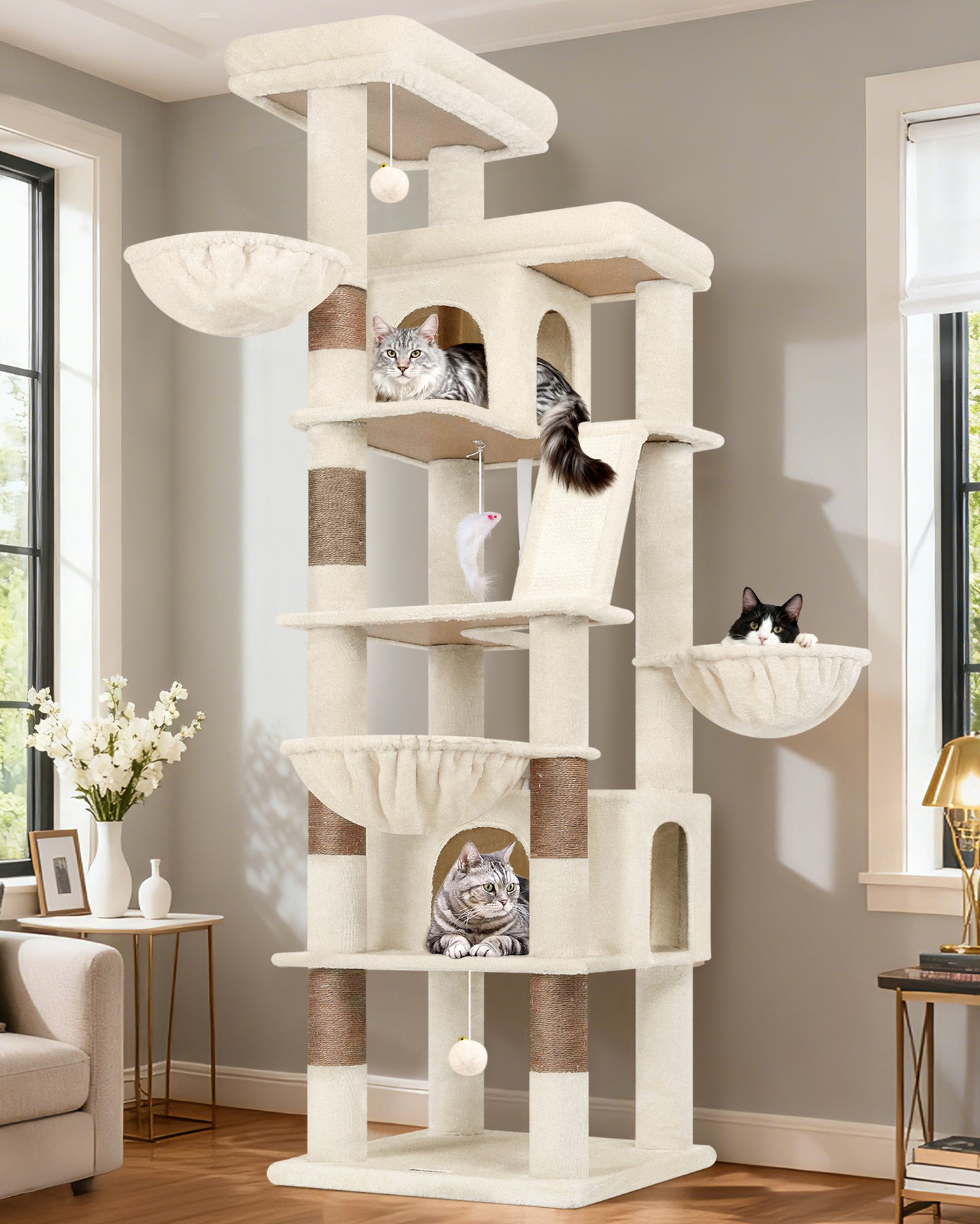 Globlazer Large Cat Tree Tower, 80inch XXL Tall Cat Tree for Multiple Indoor Cats Large Adult Kittens with Scratching Posts and Board, 3 Soft Baskets, 2 Plush Perches, 2 Cozy Condos, S80G, Beige