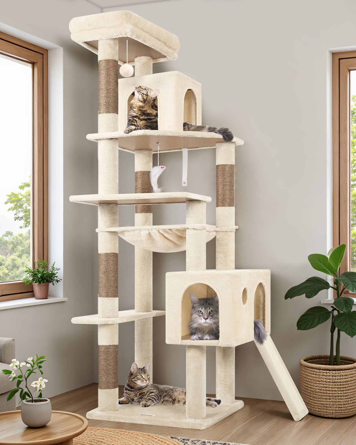 Globlazer Heavy Duty Cat Tree, 70 inch Sturdy Cat Tree for Indoor Cats Extra Large Cat Tower with Scratching Post, Hammock, Cat Condo for Adult Cats Kittens, F70 Pro, Beige