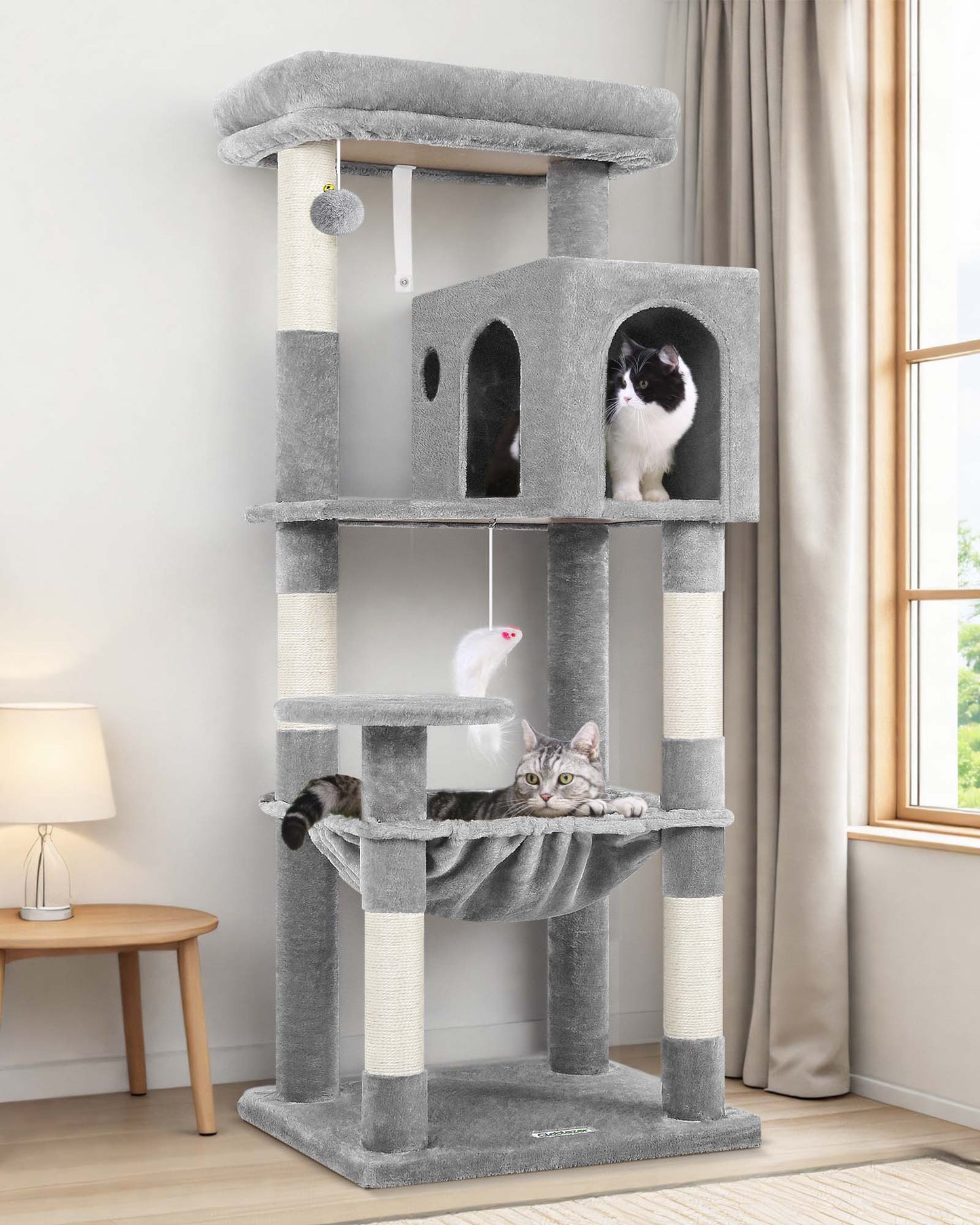 Globlazer Cat Tree Tower with 5 Scratching Post for Indoor Cats, 53inch Tall Plush Multi-Level Cat Climbing Tower Condo House with Large Hammock, Spacious Cat Cave, Padded Top Perch, F53, Light Gray