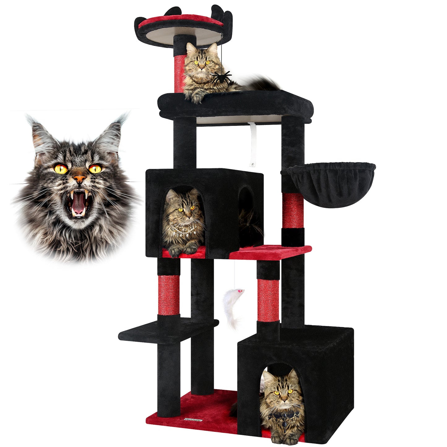 Globlazer Gothic Cat Tree, 62in Goth Cat Tower Kitty Cat Climbing Tower with Large Platform for Indoor Cats, Scratching Posts, Cozy Caves, F62, Black