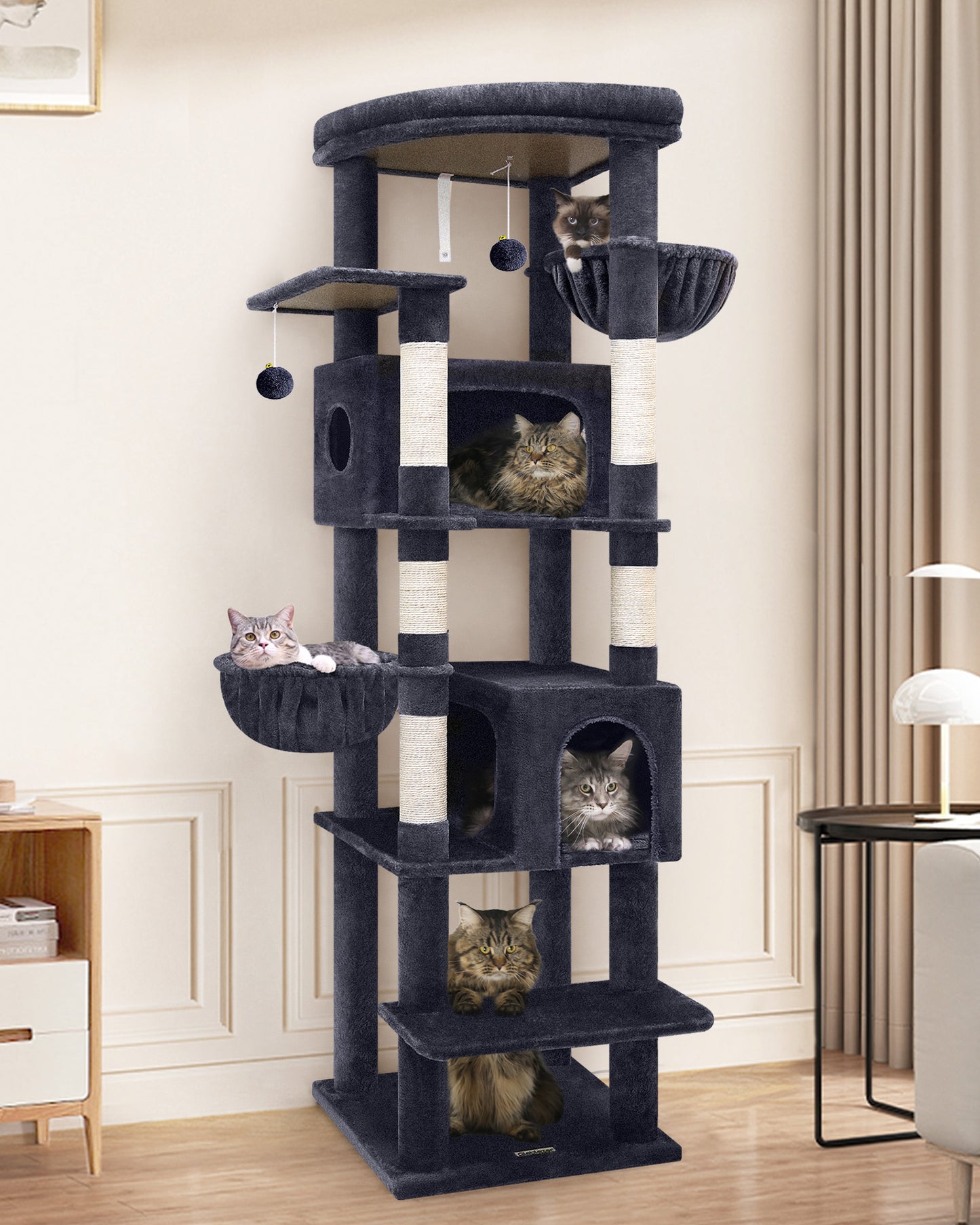 Globlazer Extra Large Cat Tree Tower for Indoor Cats, 74inch Tall Cat Tree Tower for Large Cats Adult with 5 Scratching Posts, 2 Spacious Condos, 2 Big Hanging Baskets, Enlarged Perch, S74, Dark Grey
