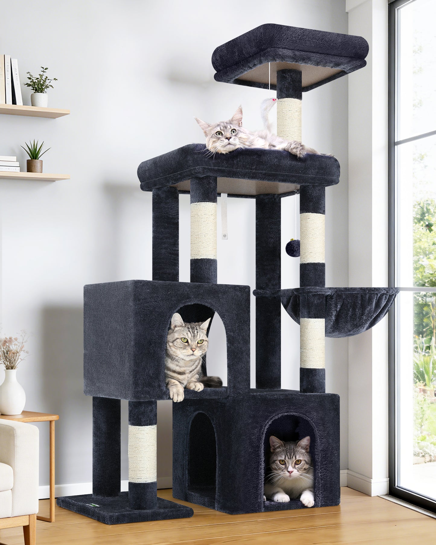 Globlazer Cat Tree Condo Tower for Multiple Indoor Cats, 52in Multi-Level Cat Scratching Tree with 2 Cat Condos, 5 Sisal Scratching Posts, 2 Padded Perches, Big Basket, Widened Base, S52, Dark Grey