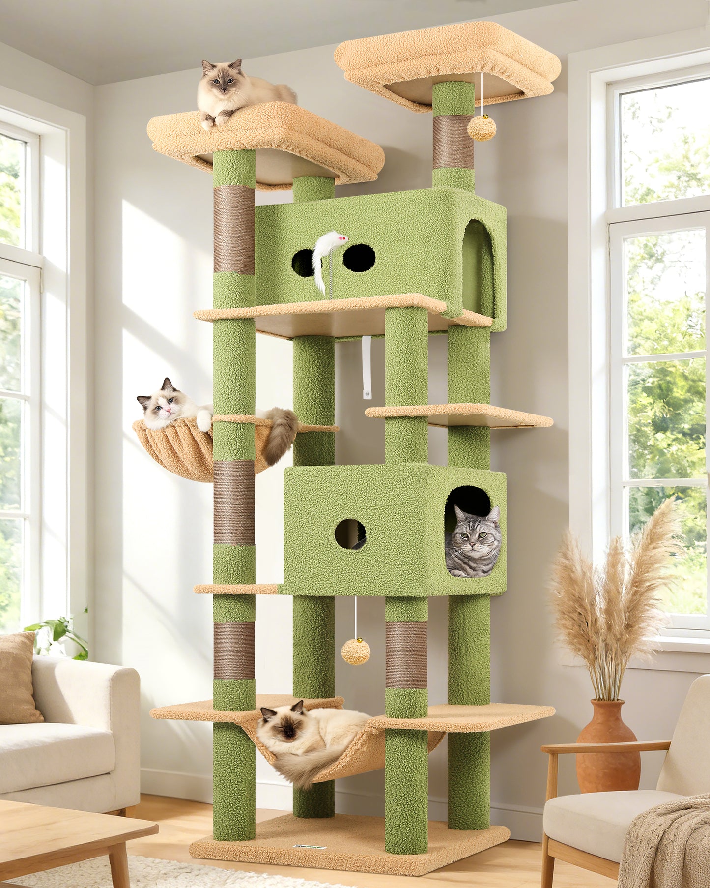 Globlazer Cactus Heavy Duty Cat Tree Tower 80in Tall Extra Large Cat Tree Tower for Multiple Indoor Cats Large Adult with Scratching Posts, 2 Spacious Condos, Padded Perches, Soft Hammock, S80B, Green