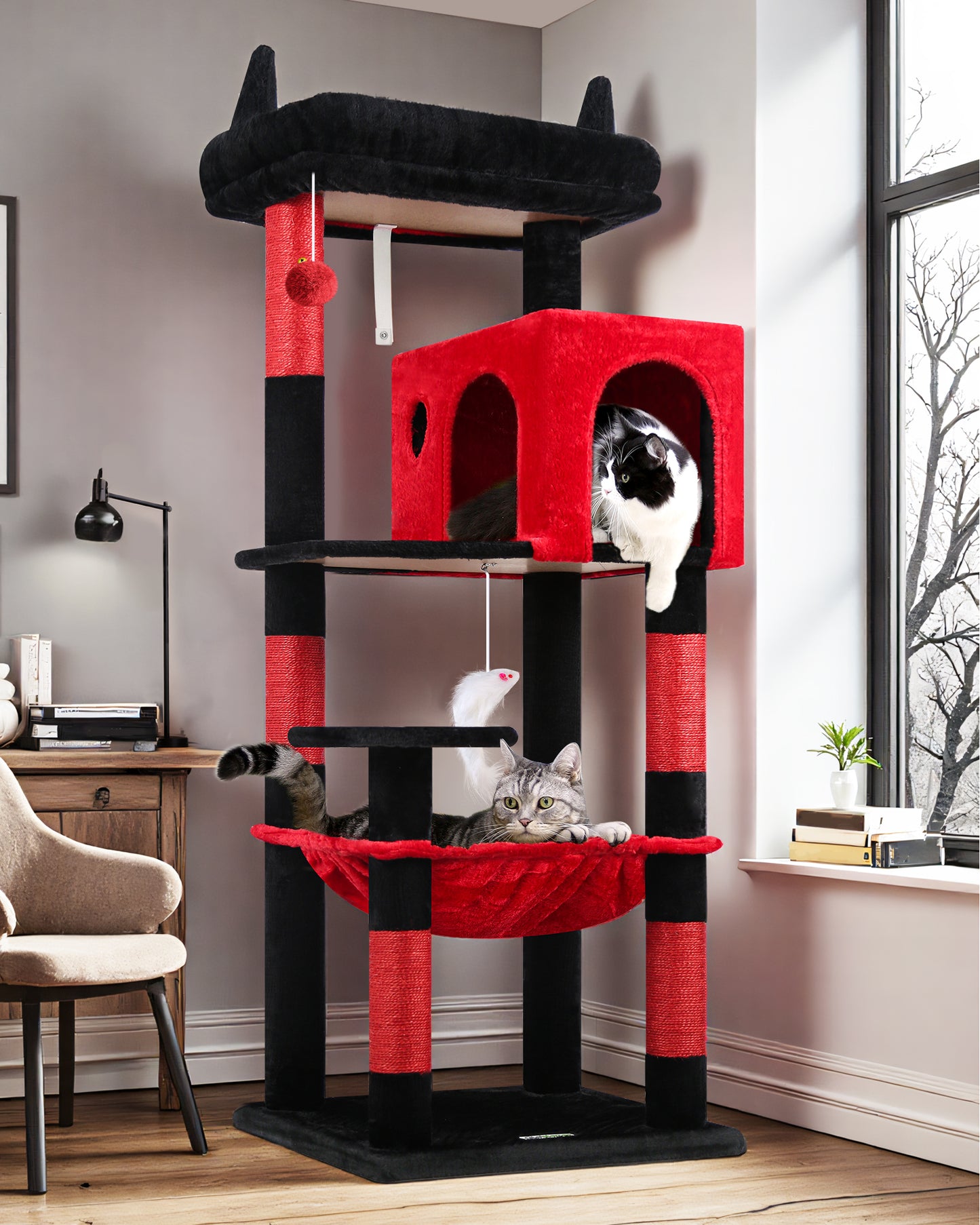 Globlazer Gothic Cat Tree Tower with 5 Scratching Post for Indoor Cats, 53in Plush Multi-Level Cat Climbing Tower Condo House with Large Hammock, Spacious Cat Cave, Padded Top Perch, F53, Black Red