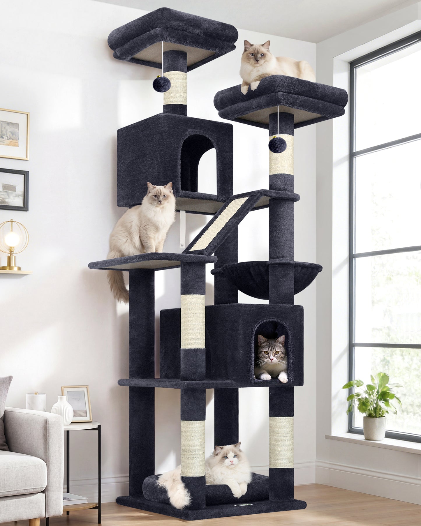 Globlazer 74in Heavy Duty Cat Tree for Large Indoor Cats, Multi-Level Cat Tower with 5 Sisal Scratching Posts, 2 Cozy Condos, Hammock, Top Perches, Climbing Ramp and Pet Bed, F74D, Dark Grey