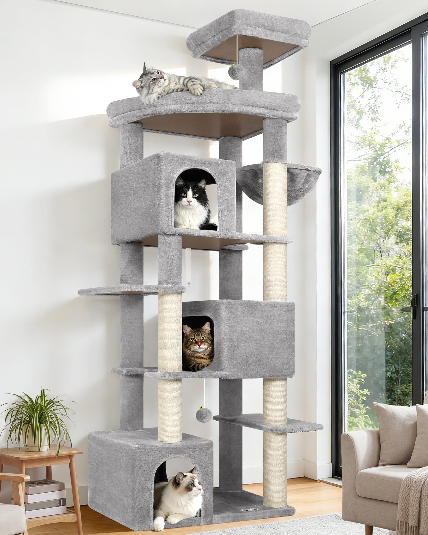 Globlazer Extra Large Cat Tree Tower for Indoor Cats Large Adult, 80in Tall Heavy Duty Cat Tree with 3 Spacious Cat Condos, Oversized Fan-Shaped Perch, 6 Full Sisal Scratching Posts, S80, Light Grey