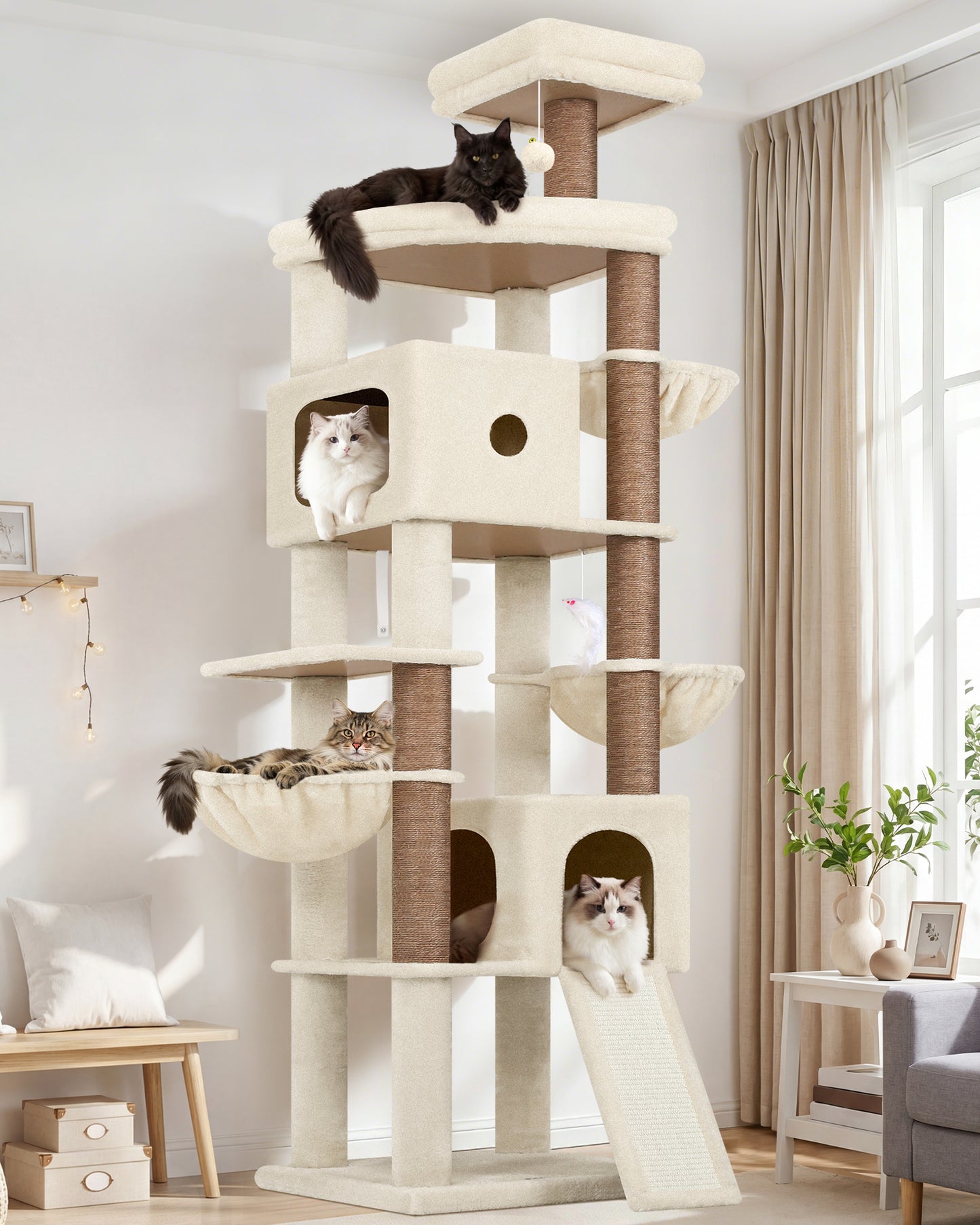 Globlazer Giant Cat Tree, 83 Inch Heavy Duty Tall Cat Tower with 7 Scratching Posts, Multi-Level Large Cat Condo for Indoor Cats Large Adult, 2 Perchs, 3 Sturdy Baskets, Cat Toys, F83C, Beige