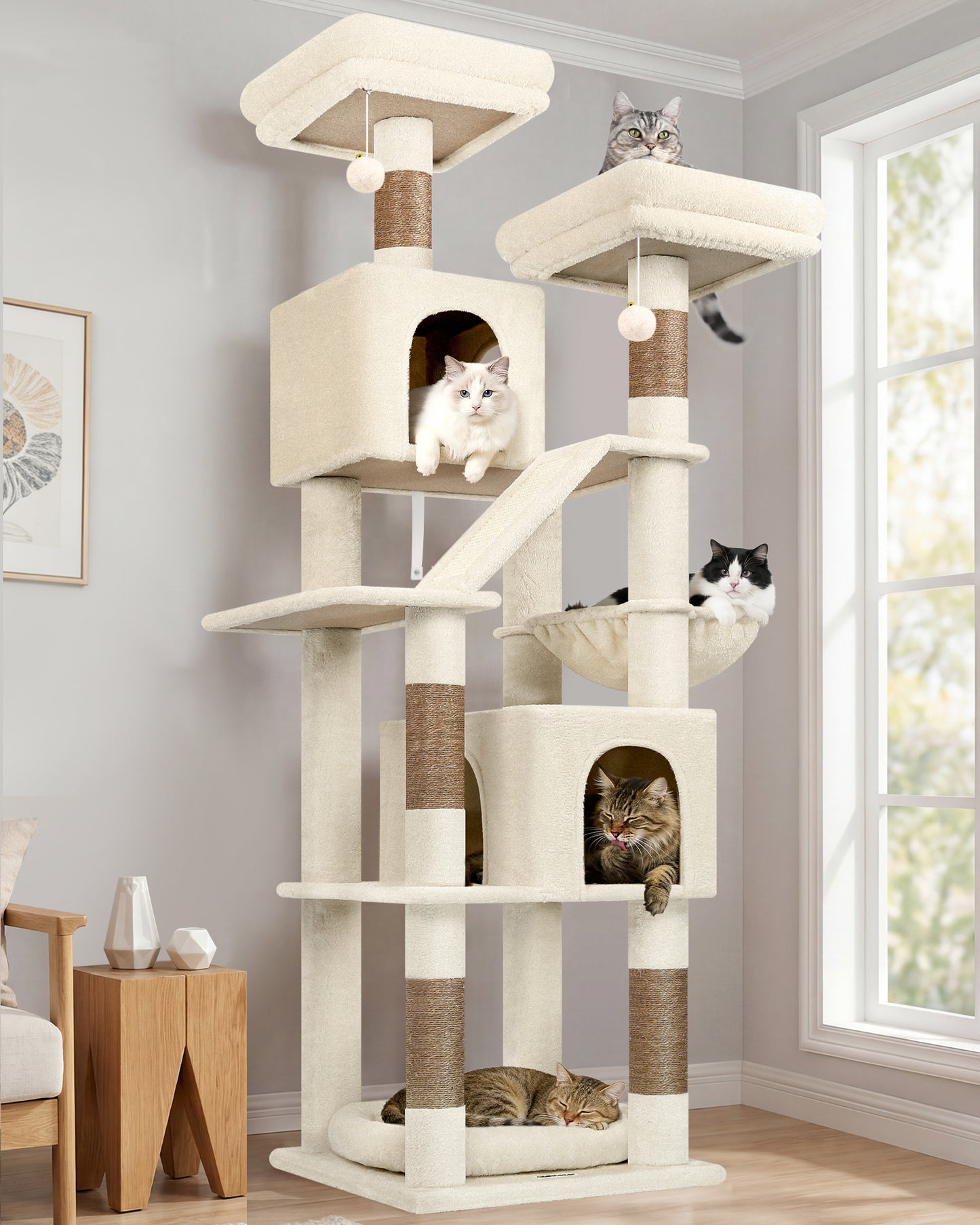 Globlazer 74in Heavy Duty Cat Tree for Large Indoor Cats, Multi-Level Cat Tower with 5 Sisal Scratching Posts, 2 Cozy Condos, Hammock, Top Perches, Climbing Ramp and Pet Bed, F74D, Beige