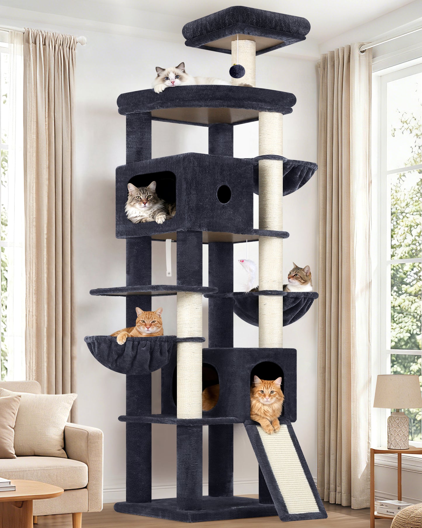 Globlazer Giant Cat Tree, 83 Inch Heavy Duty Tall Cat Tower with 7 Scratching Posts, Multi-Level Large Cat Condo for Indoor Cats Large Adult, 2 Perchs, 3 Sturdy Baskets, Cat Toys, F83C, Dark Grey