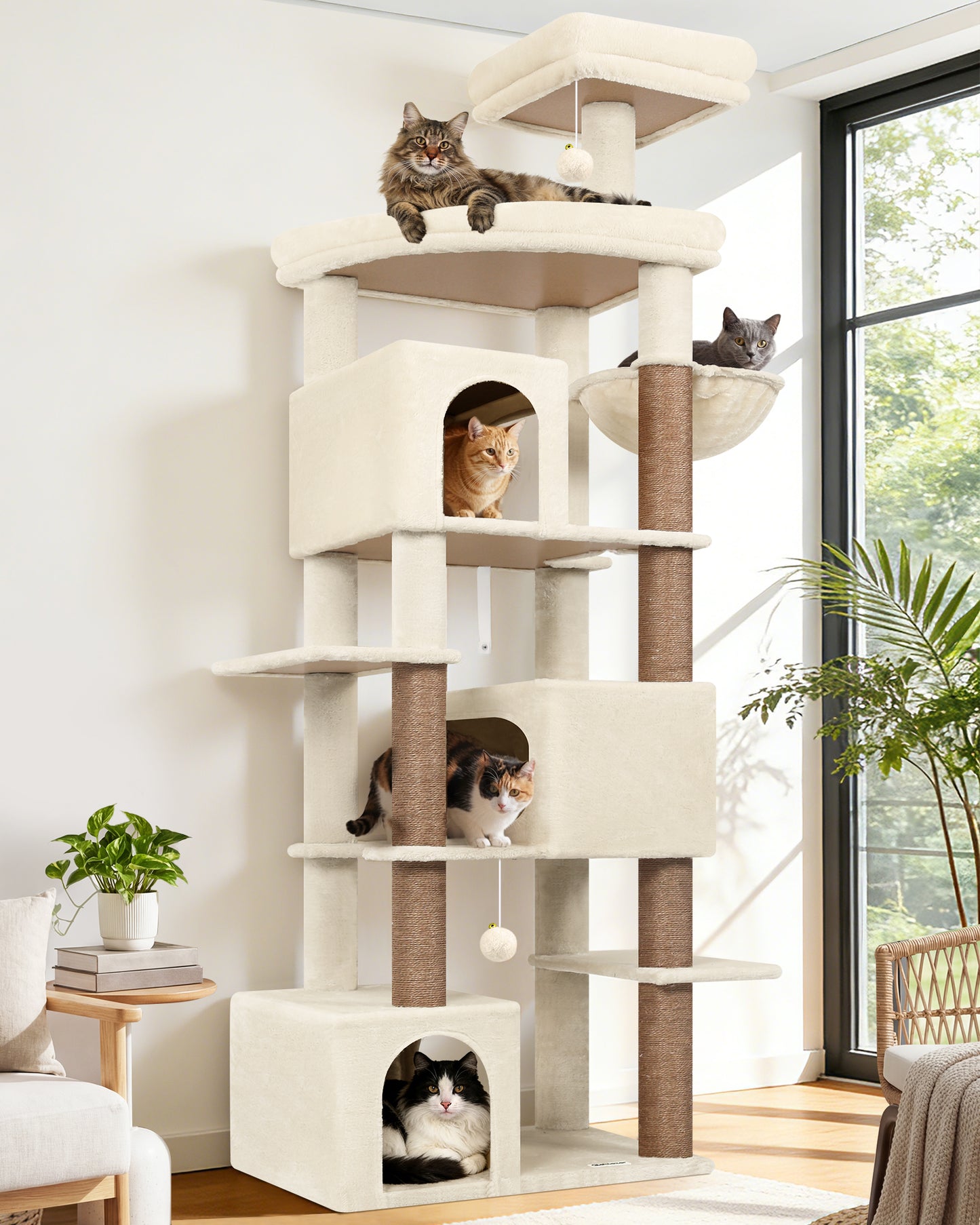 Globlazer Extra Large Cat Tree Tower for Indoor Cats Large Adult, 80in Tall Heavy Duty Cat Tree with 3 Spacious Cat Condos, Oversized Fan-Shaped Perch, 6 Full Sisal Scratching Posts, S80, Beige