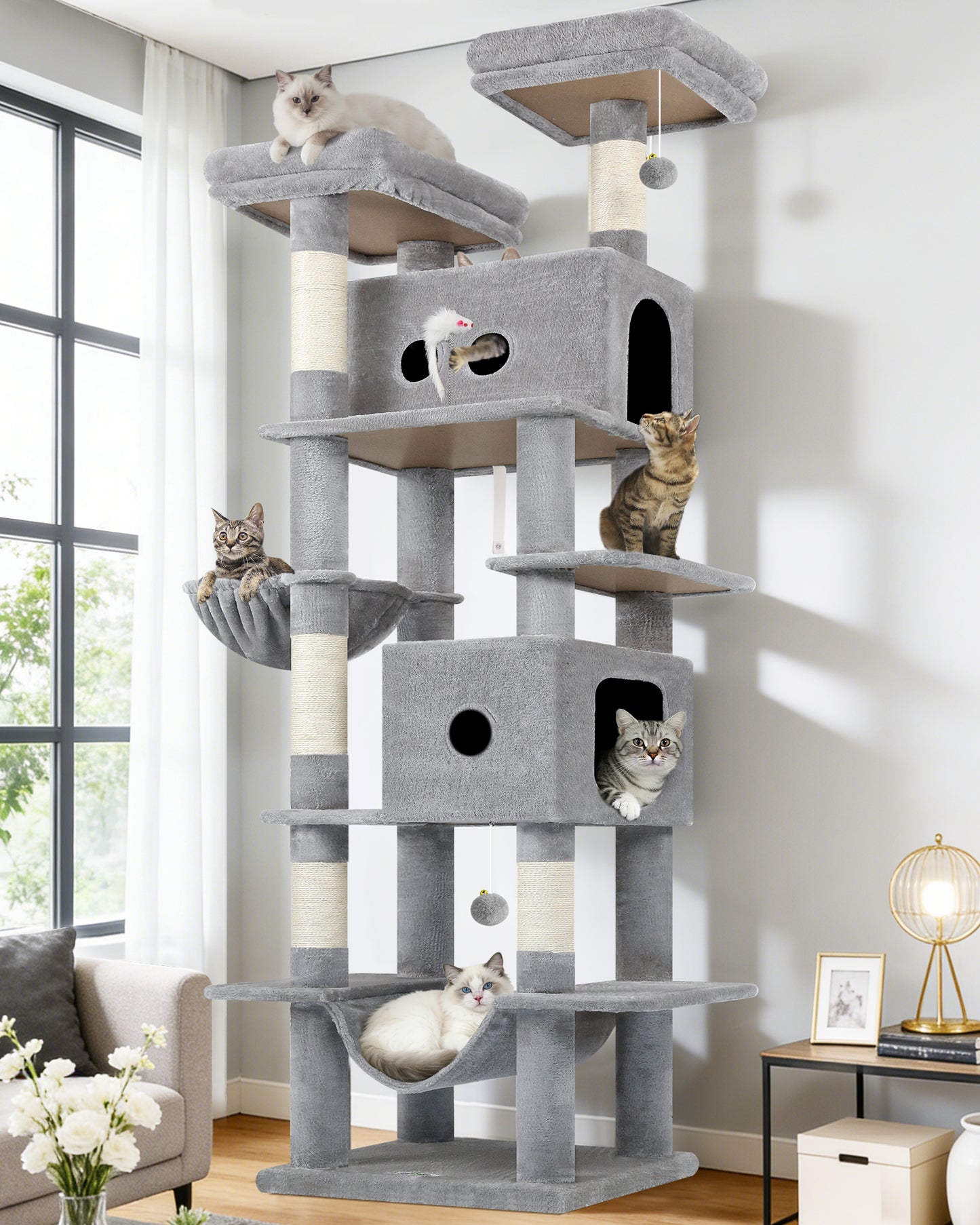 Globlazer Heavy Duty Cat Tree Tower 80in Tall Extra Large Cat Tree Tower for Multiple Indoor Cats Large Adult with  Scratching Posts, 2 Spacious Condos, Padded Perches, Soft Hammock, S80B, Light Grey