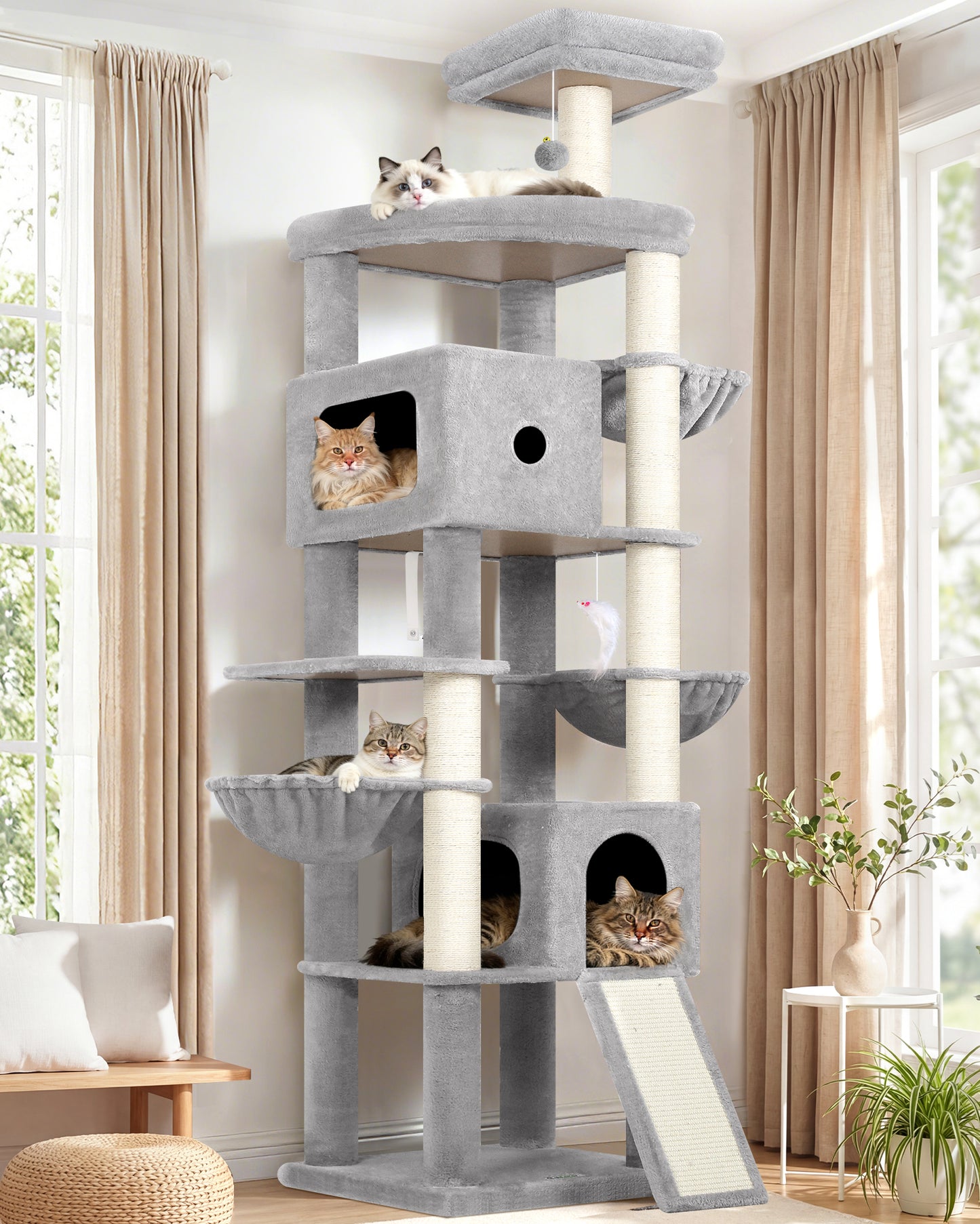 Globlazer Giant Cat Tree, 83 Inch Heavy Duty Tall Cat Tower with 7 Scratching Posts, Multi-Level Large Cat Condo for Indoor Cats Large Adult , 2 Perchs, 3 sturdy Baskets, Cat Toys, F83C, Light Grey